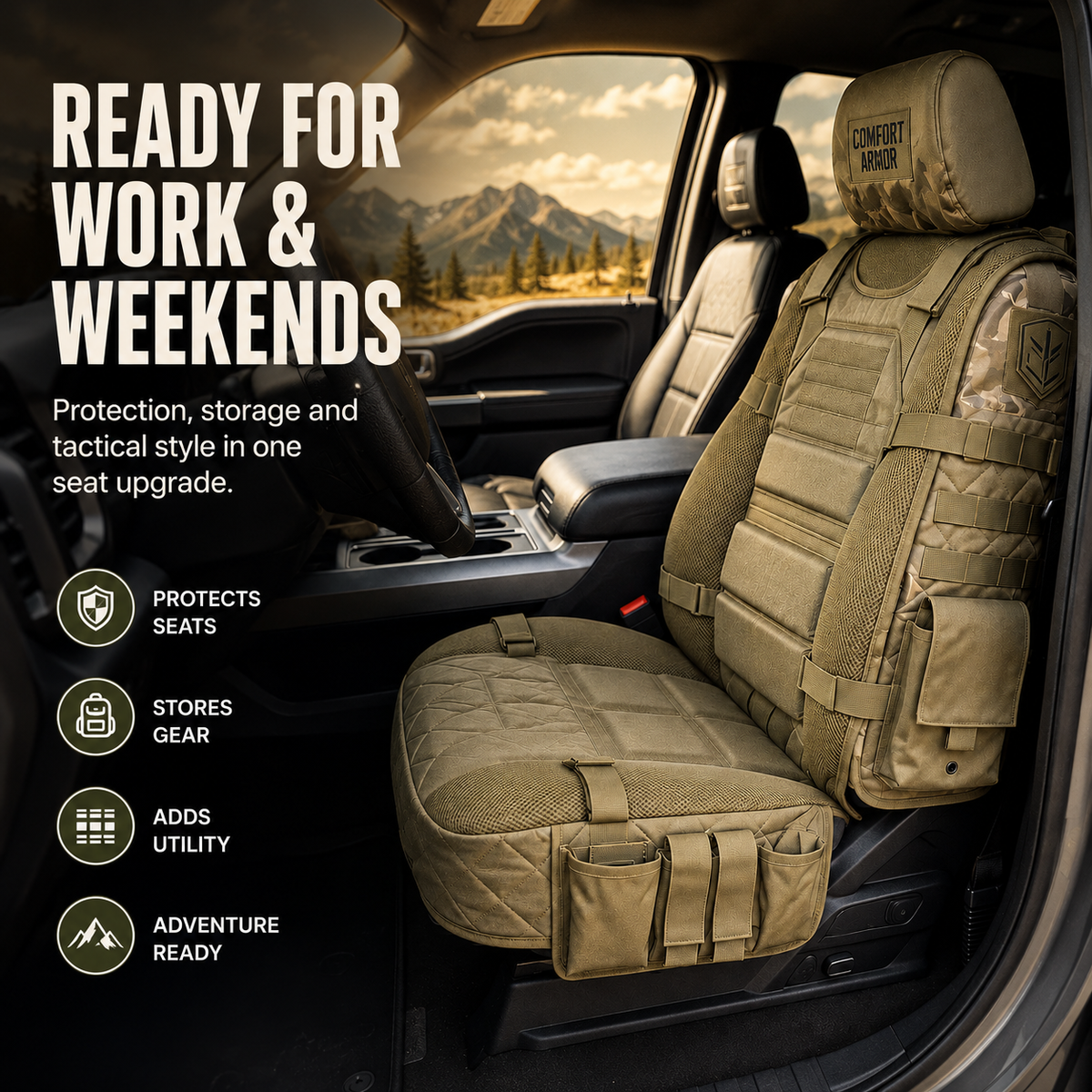MOLLE truck seat cover ready for work and weekends