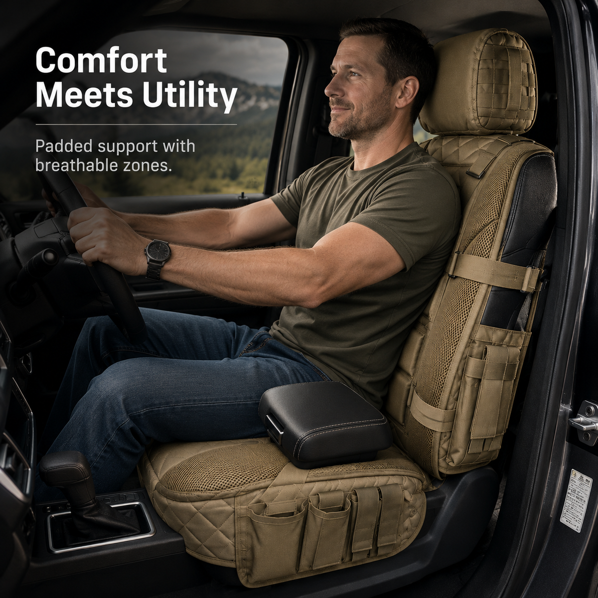 Padded MOLLE seat cover while driving