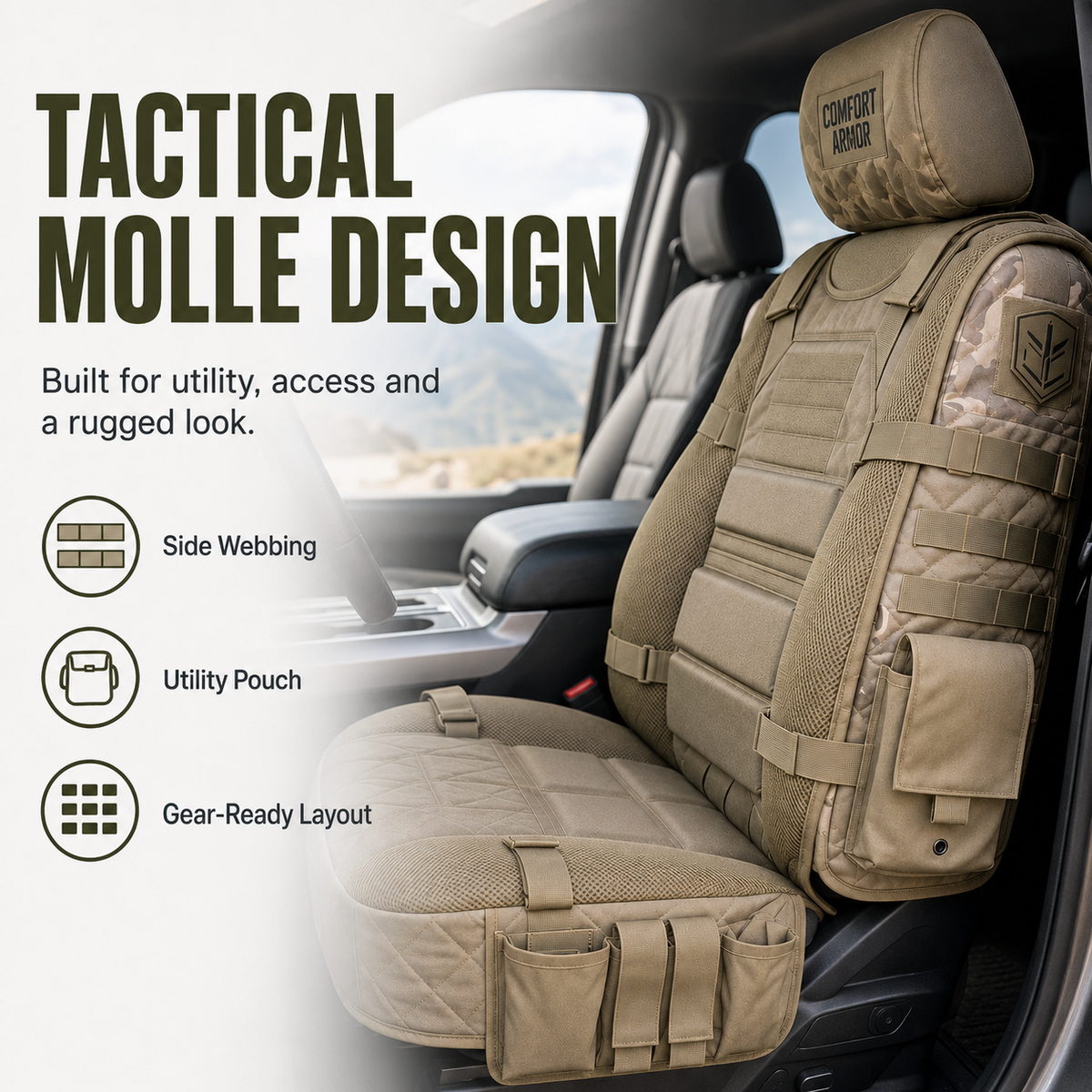 Tactical MOLLE webbing on the seat cover