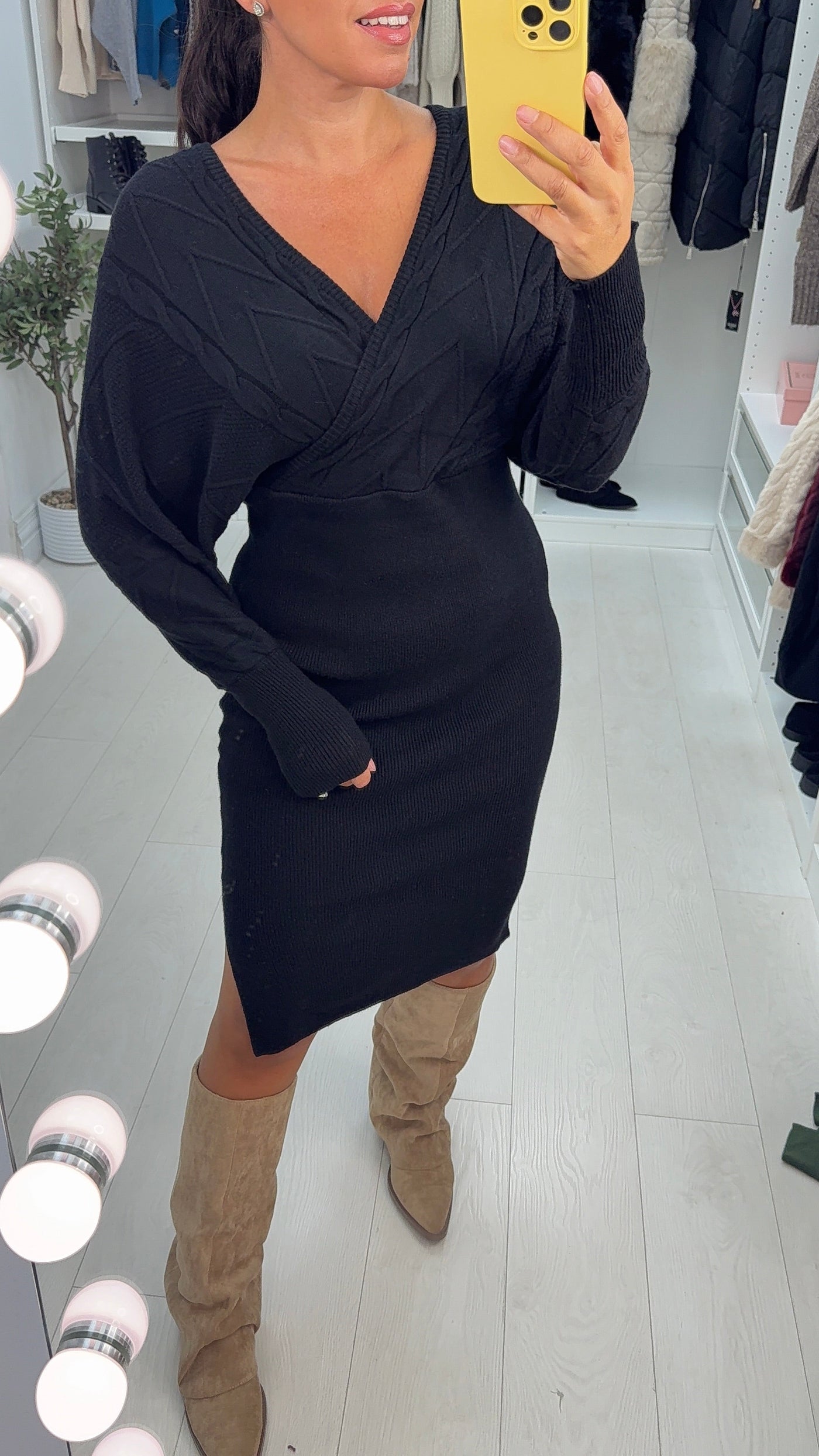 SAVINTARI Lorelle Cable Knit Detailed V Neck Jumper Dress