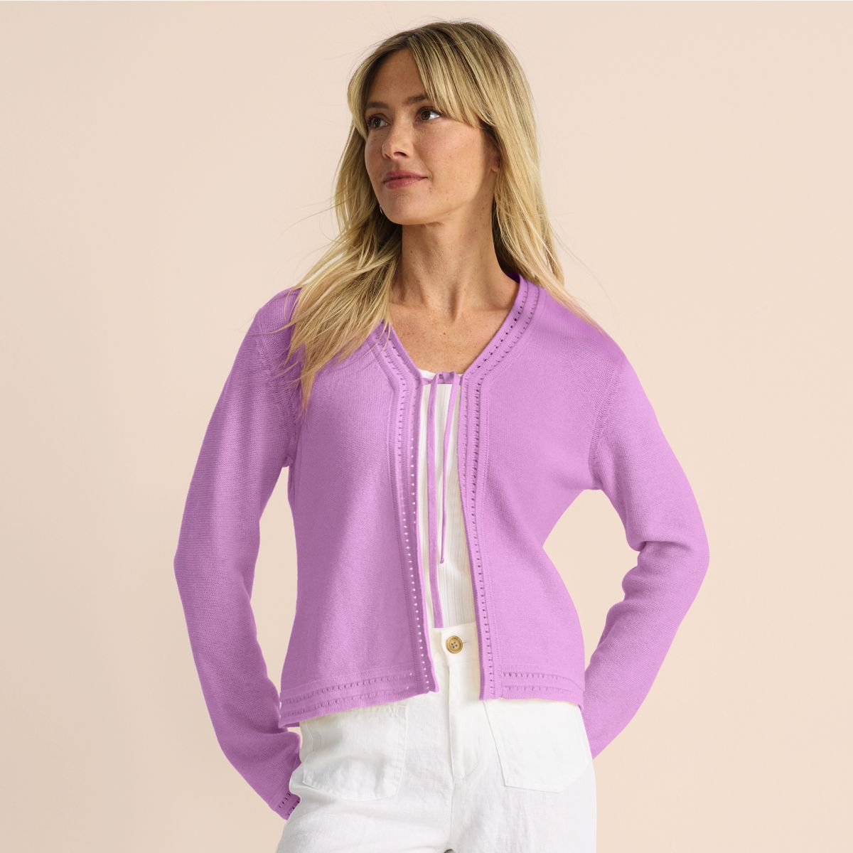 SAVINTARI Women's Soft Ease Linen Blend Tie Front Cardigan product image