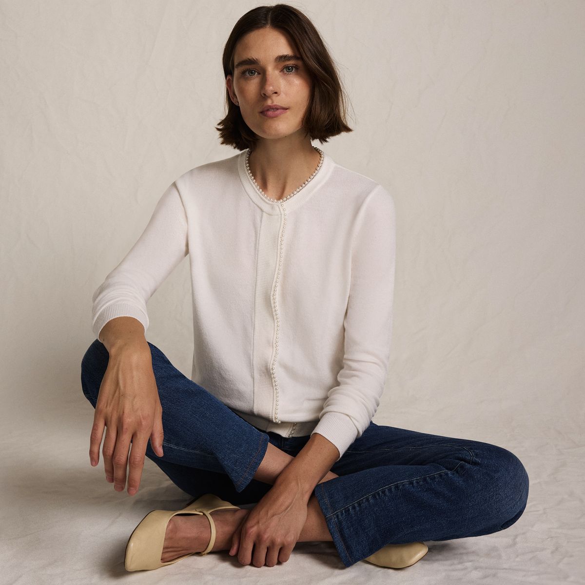 SAVINTARI Women's Pearl Trim Silk Touch Cardigan product image