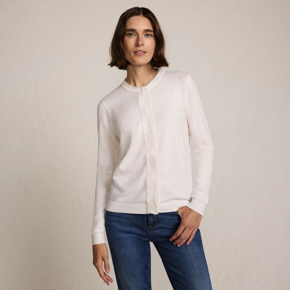 SAVINTARI Women's Pearl Trim Silk Touch Cardigan product image