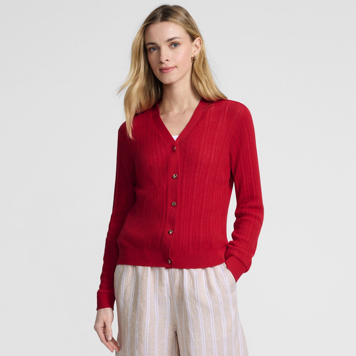 SAVINTARI Women's Rib Knit V-Neck Cardigan with Silk product image