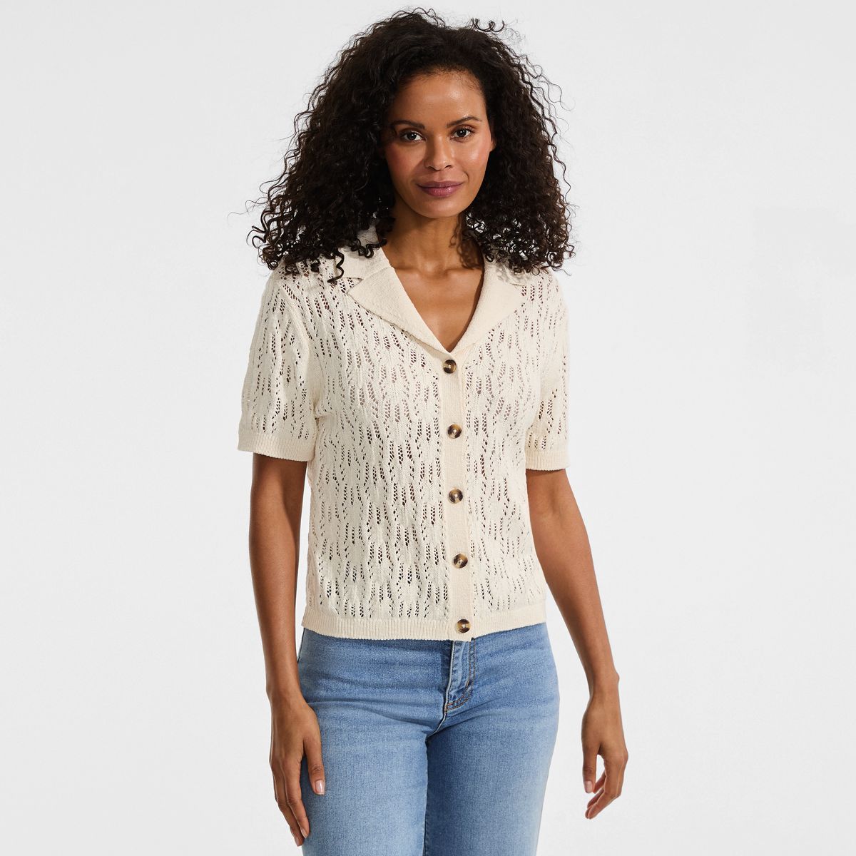 SAVINTARI Women's Soft Ease Pointelle Cardigan With Linen product image