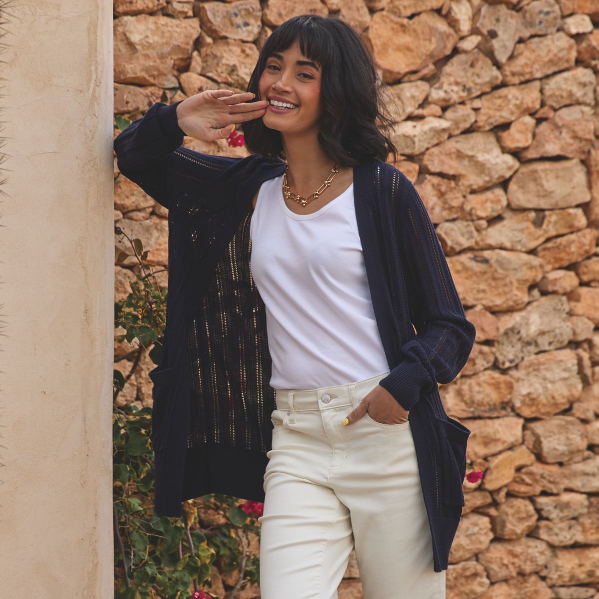 SAVINTARI Women's Soft Drape Linen Blend Long Pointelle Cardigan product image