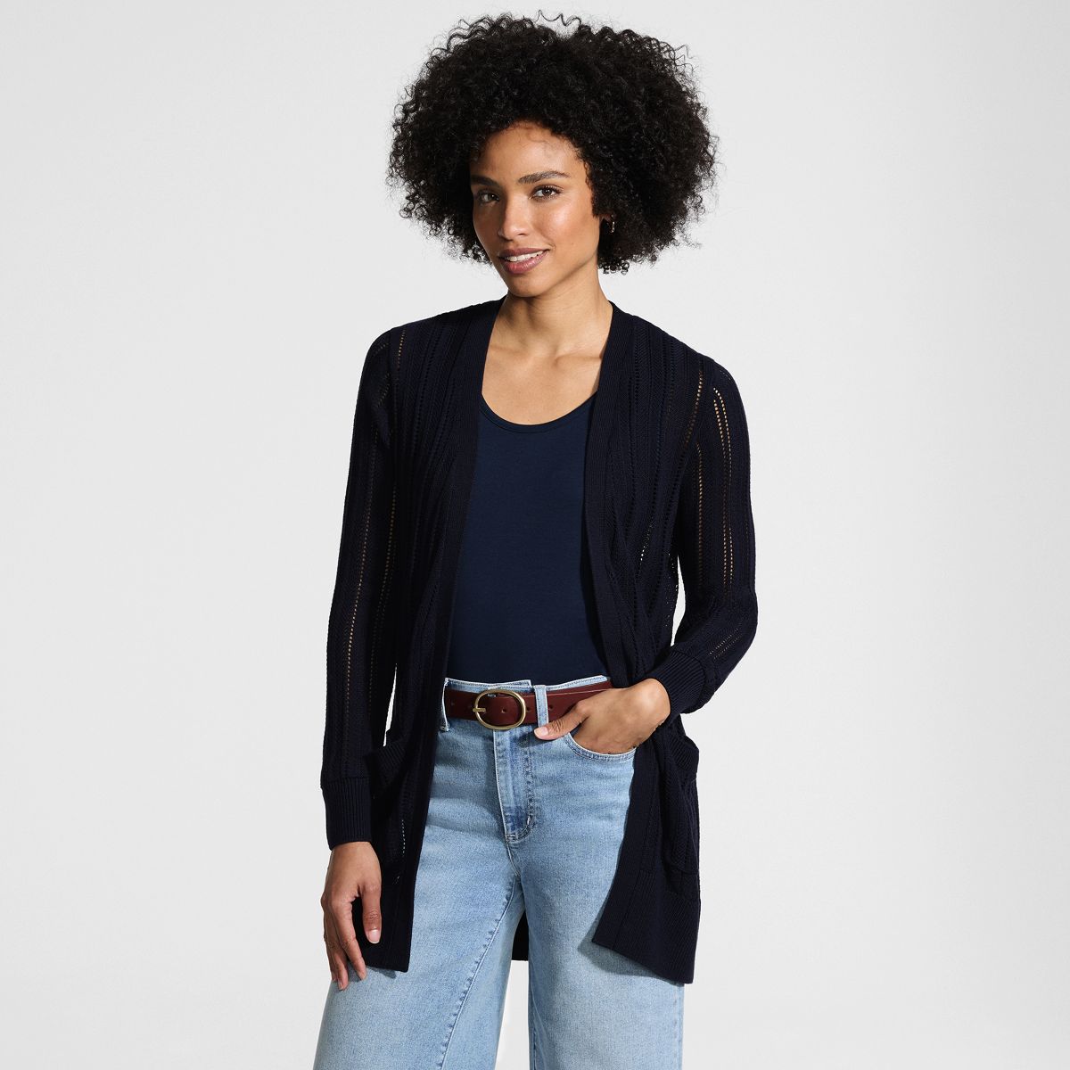 SAVINTARI Women's Soft Drape Linen Blend Long Pointelle Cardigan product image