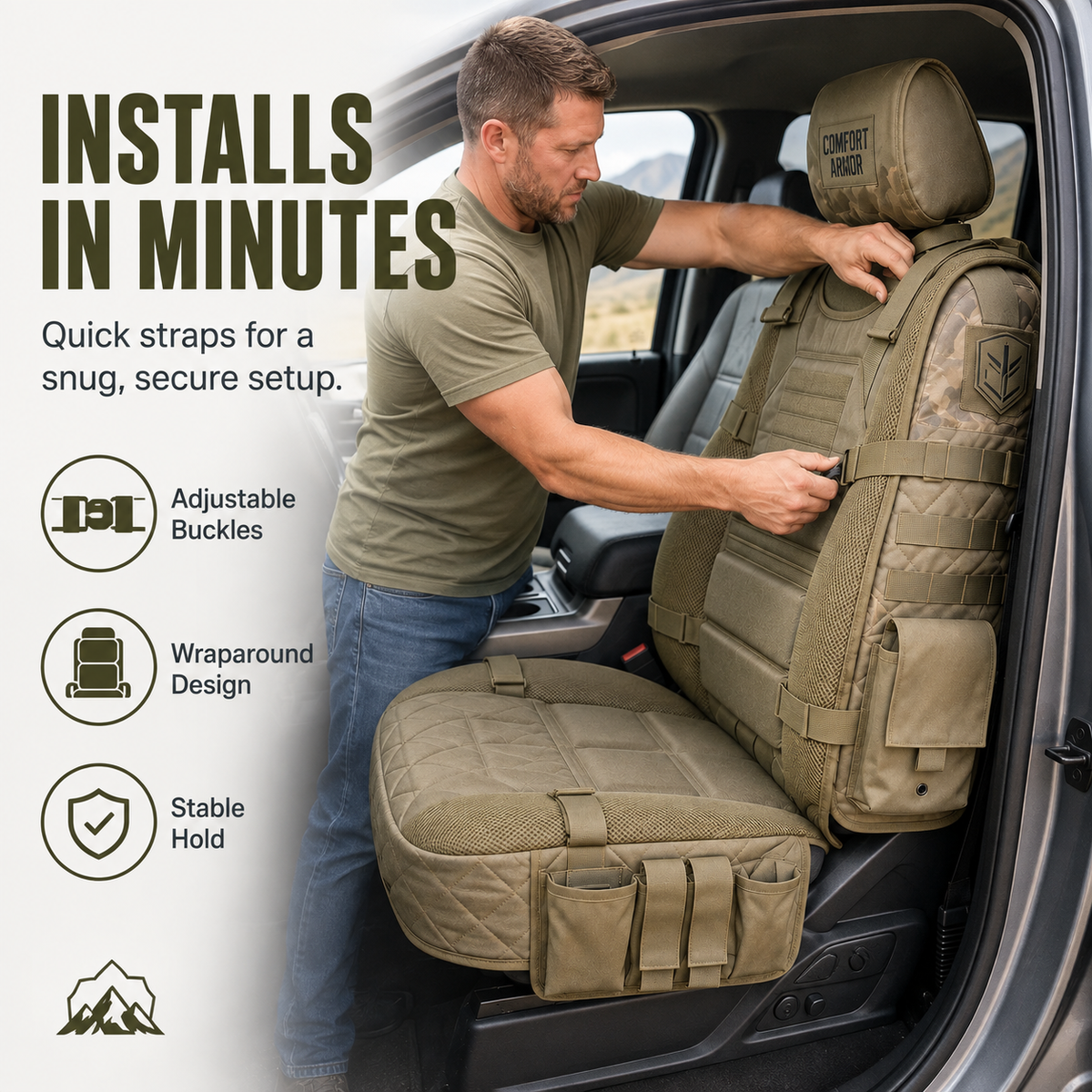Installing the MOLLE truck seat cover with straps