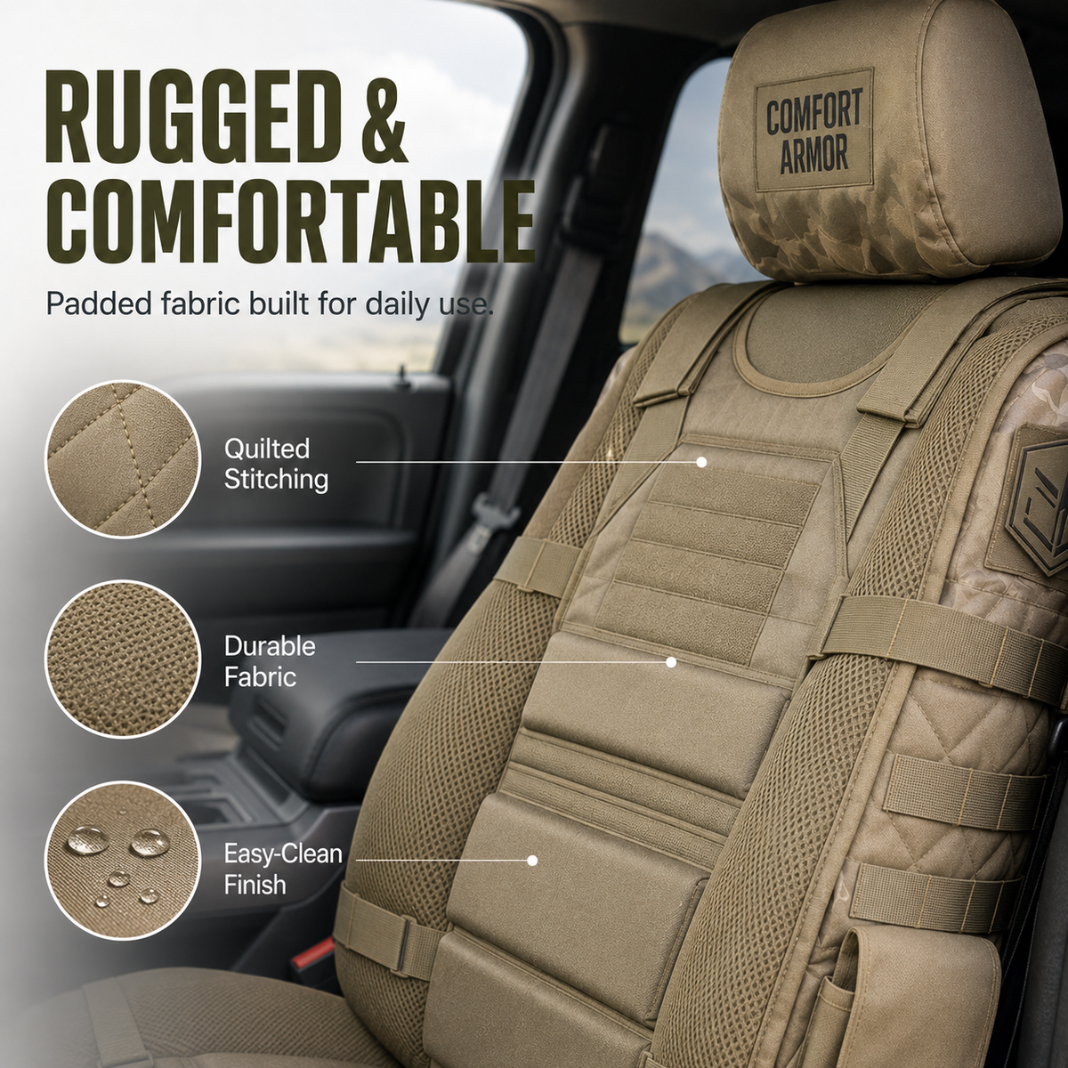 Quilted padded fabric on the MOLLE seat cover