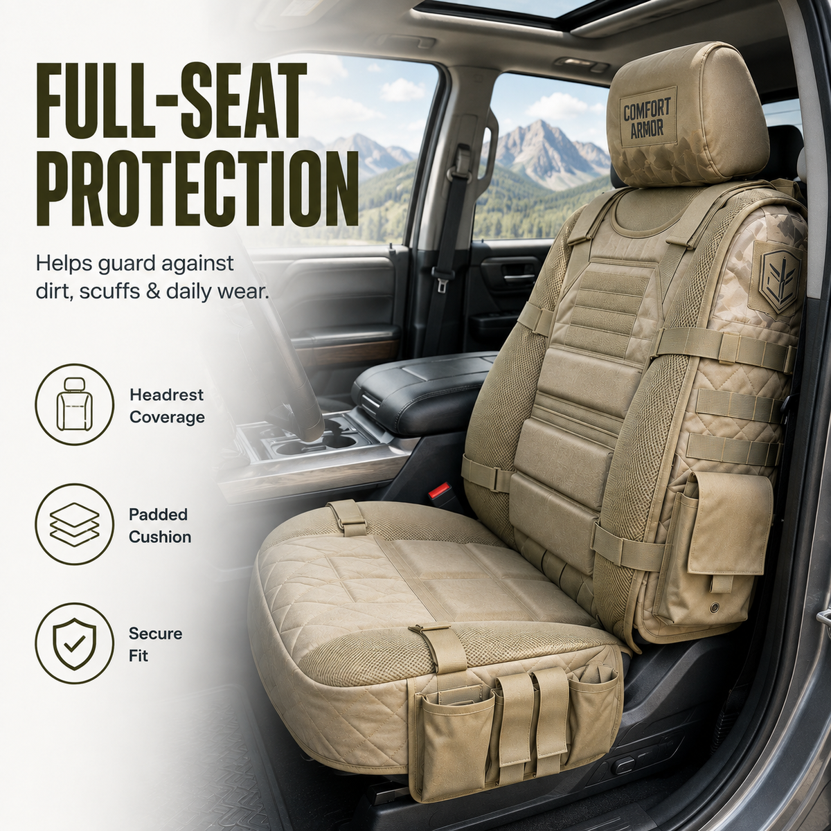 Full-seat protection on the MOLLE truck seat cover
