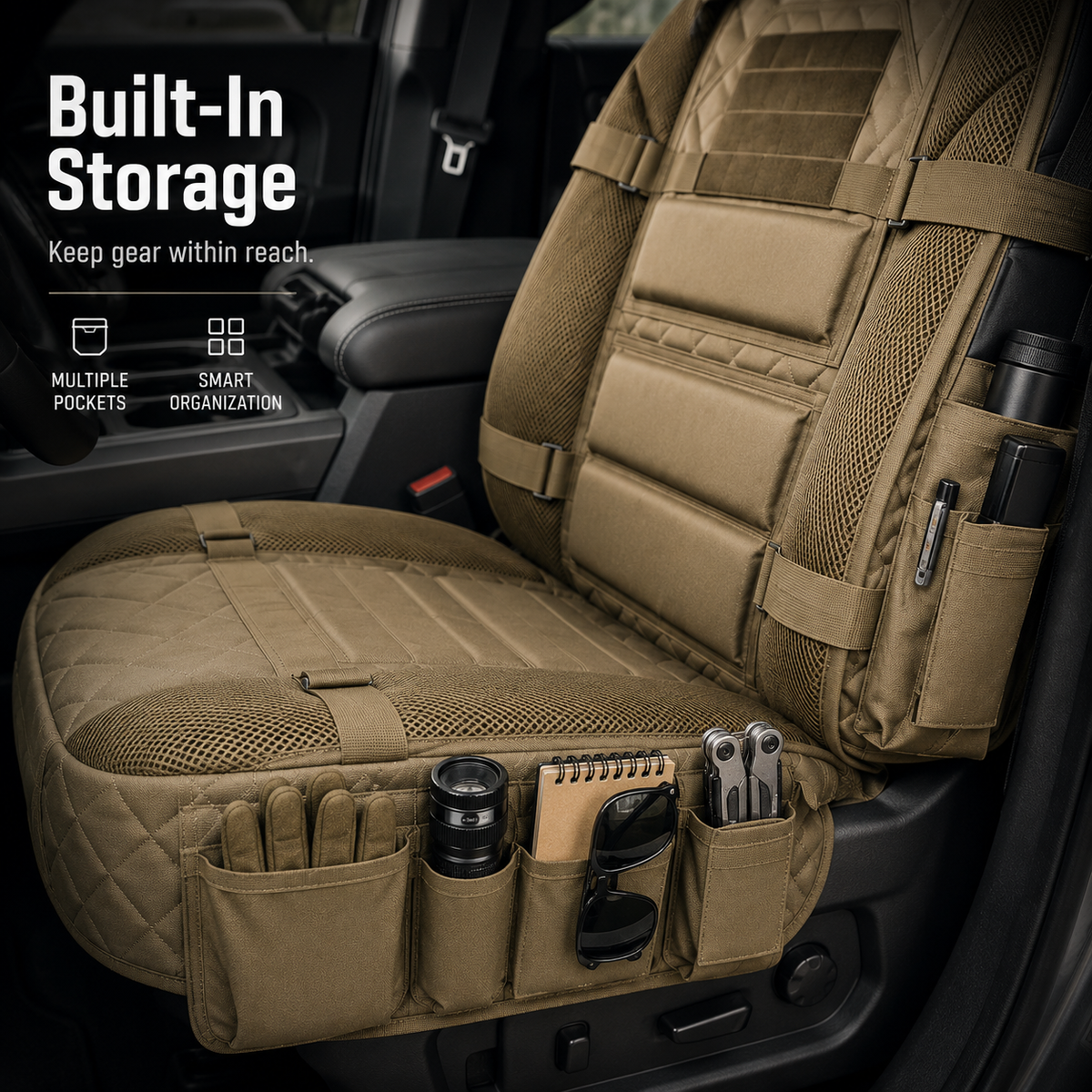 Built-in pockets on the MOLLE seat cover