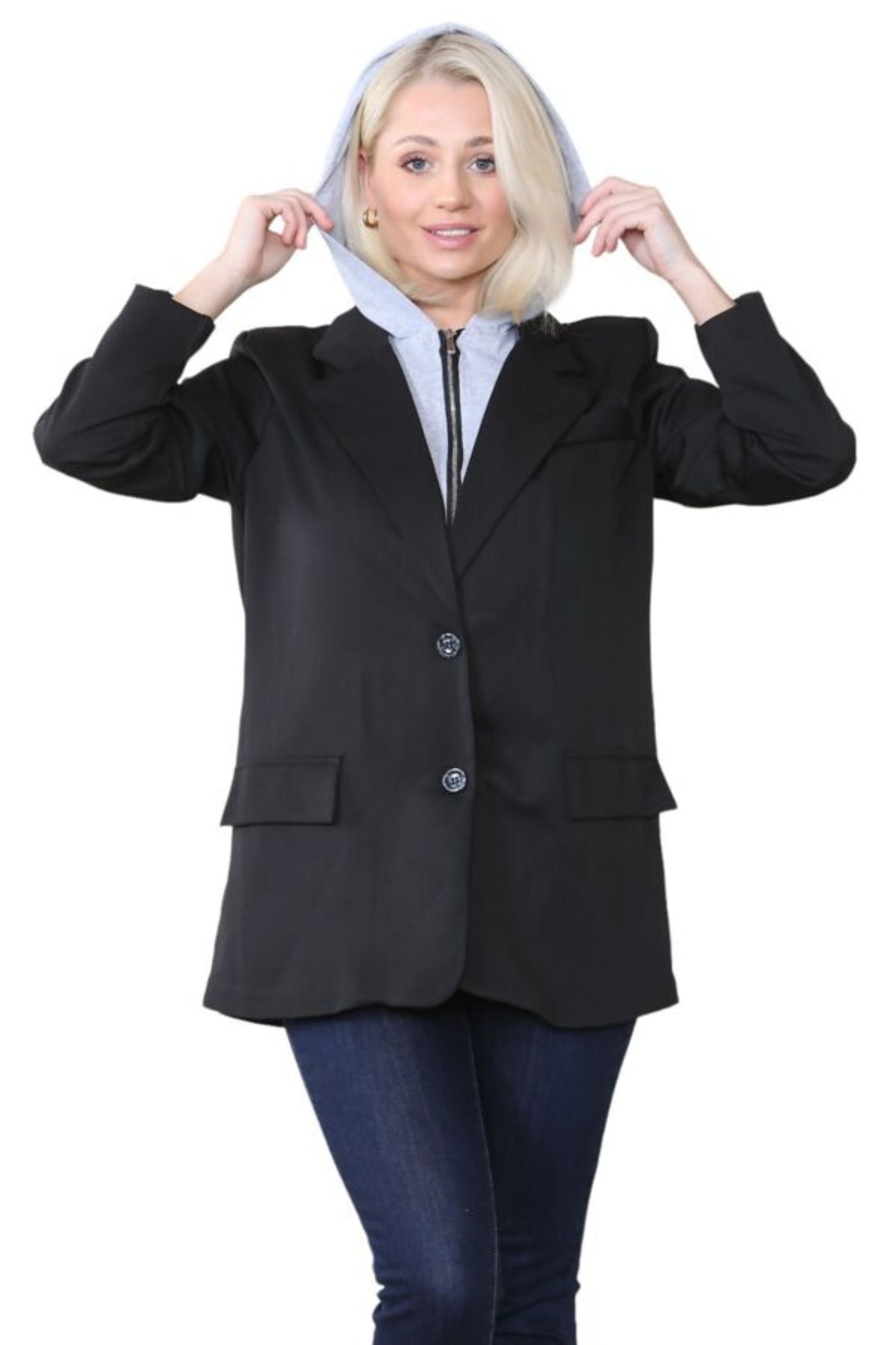 Black Hooded Insert Blazer- Senely 0