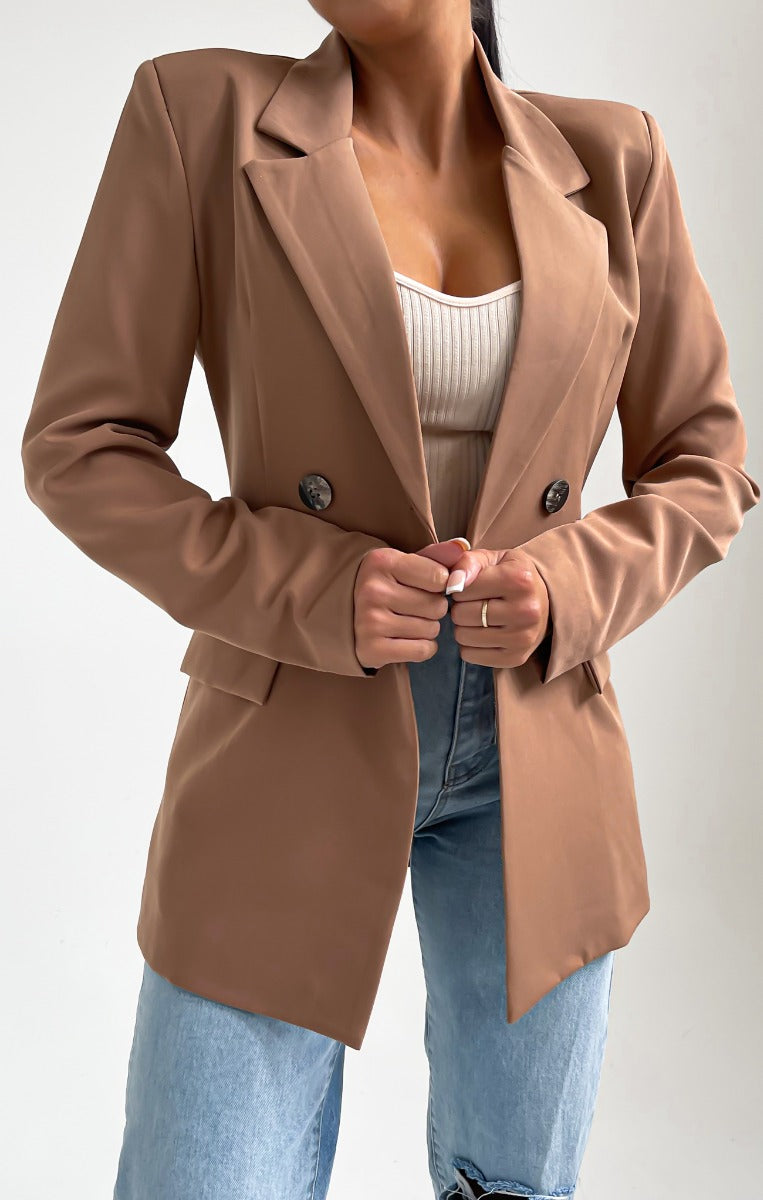Camel Long Sleeve Pocket Detail Tailored Button Blazer - Ava 0