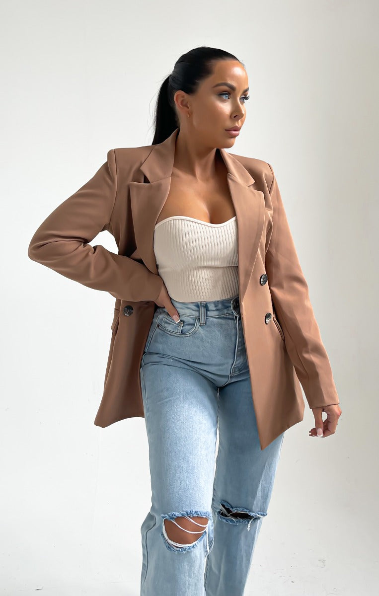 Camel Long Sleeve Pocket Detail Tailored Button Blazer - Ava 2