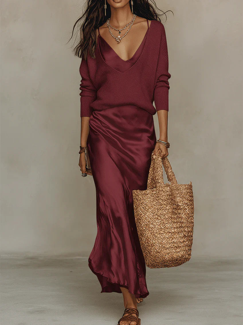 Elegant | Satin Midi Dress Set with Coordinating Knit Sweater for Versatile Styling