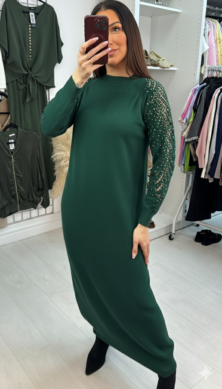 SAVINTARI Mackenzie Plain Embellished Sleeve Maxi Jumper Dress