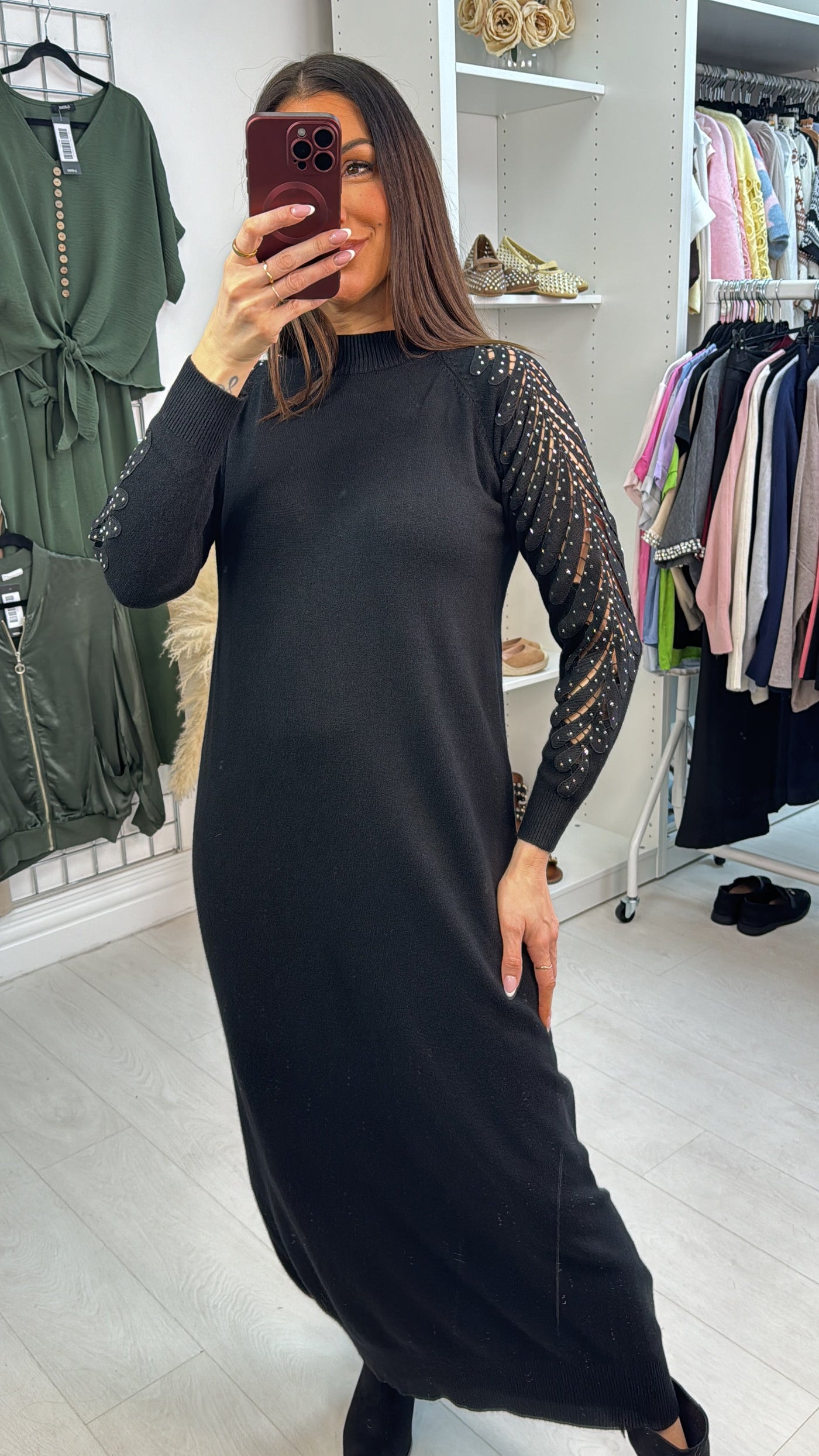 SAVINTARI Mackenzie Plain Embellished Sleeve Maxi Jumper Dress