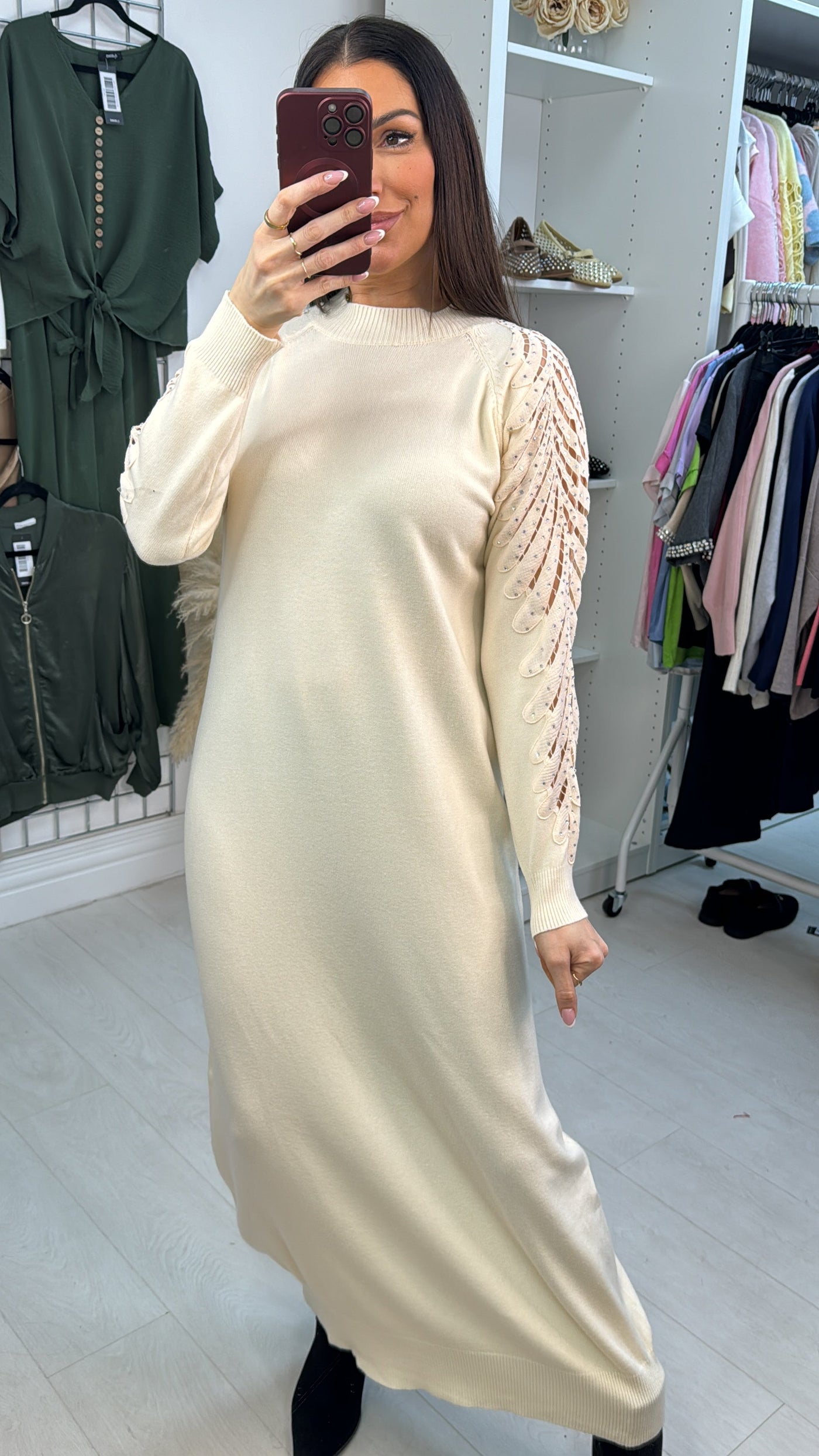 SAVINTARI Mackenzie Plain Embellished Sleeve Maxi Jumper Dress