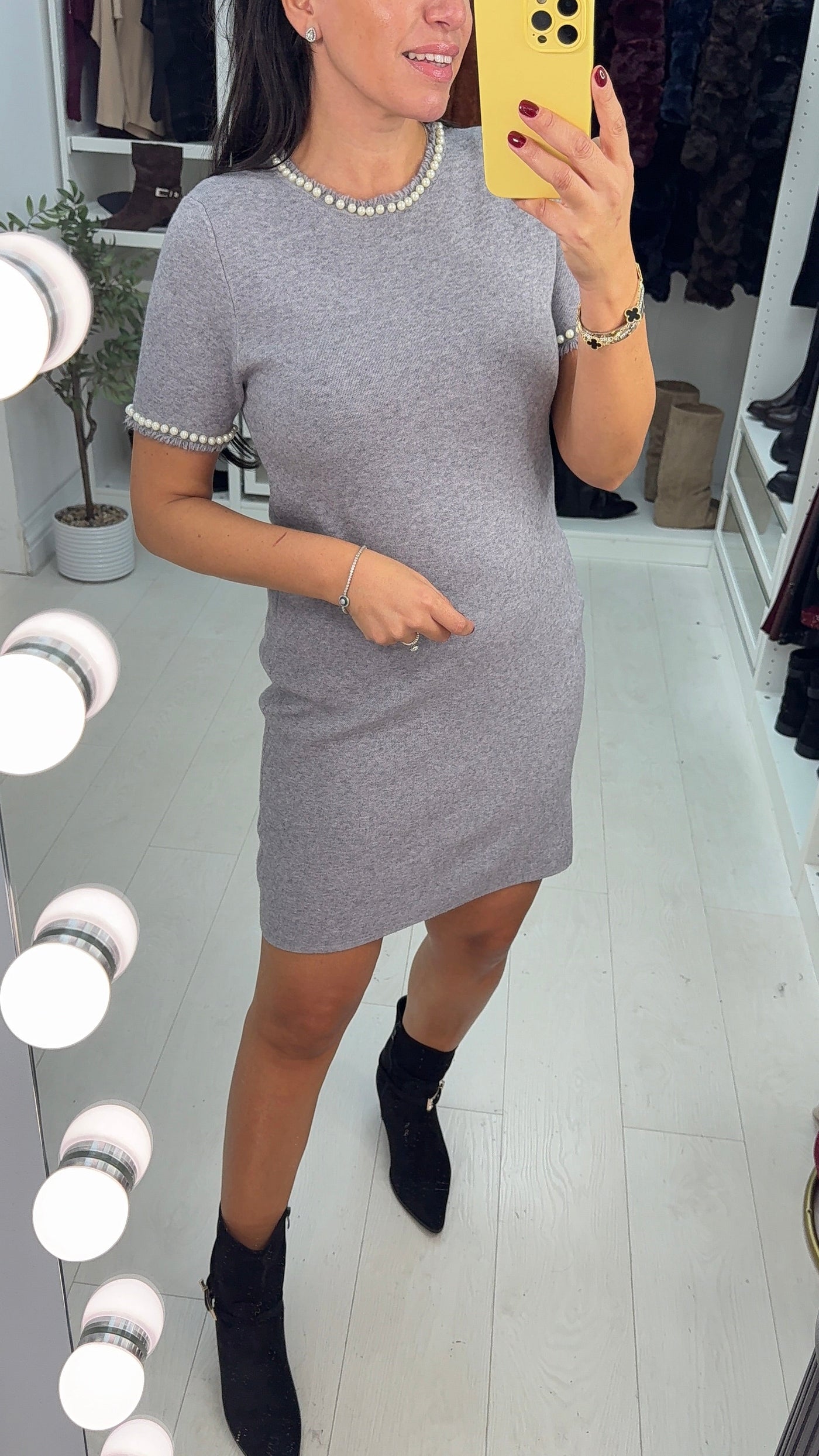 SAVINTARI Ursula Plain Pearl Detailed Knit Dress