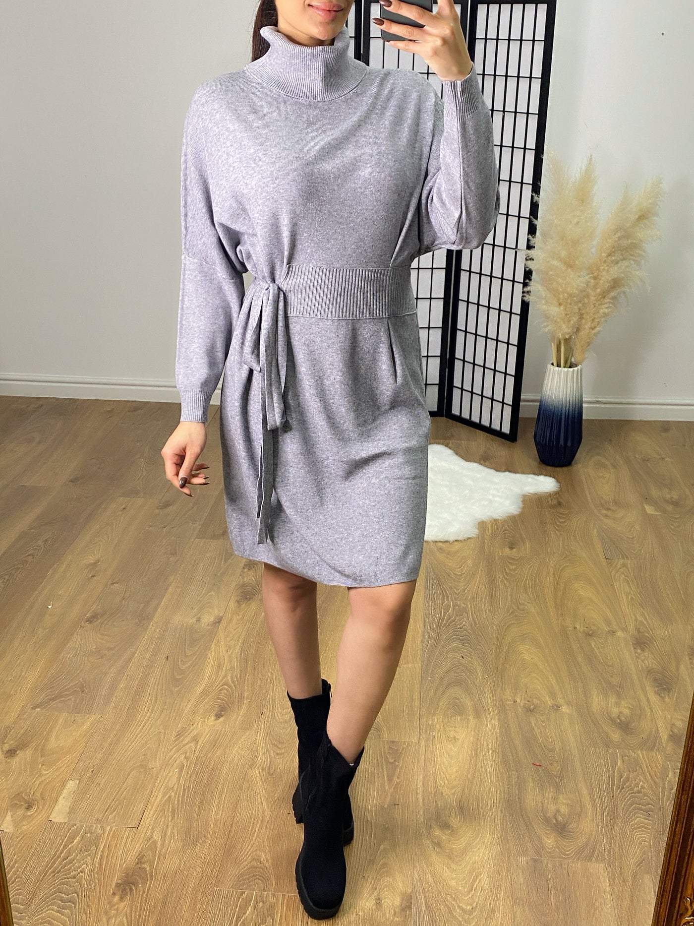 SAVINTARI Endiama Roll Neck Tie Side Knitted Jumper Dress