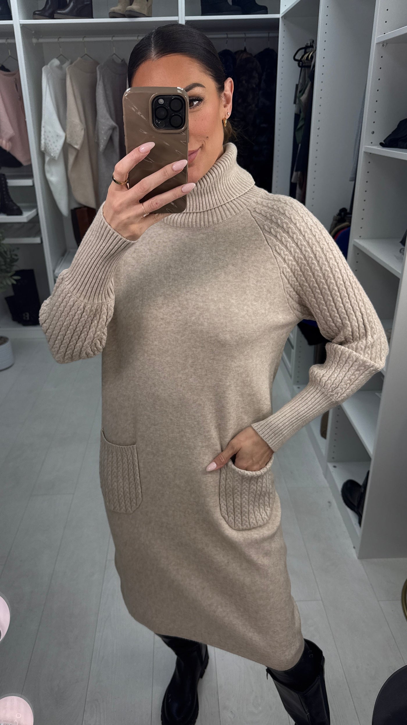 SAVINTARI Susana Roll Neck Cable Detail Jumper Dress