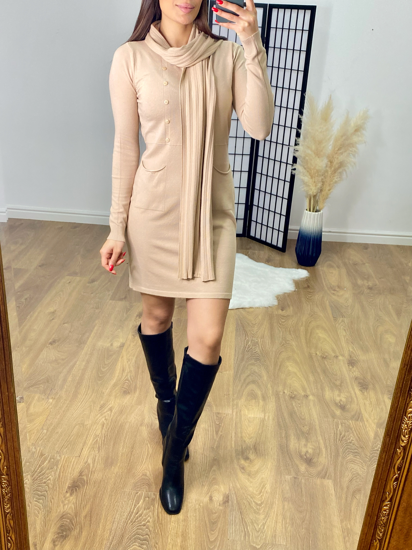 SAVINTARI Malden Button Jumper Dress with Ribbed Scarf Set