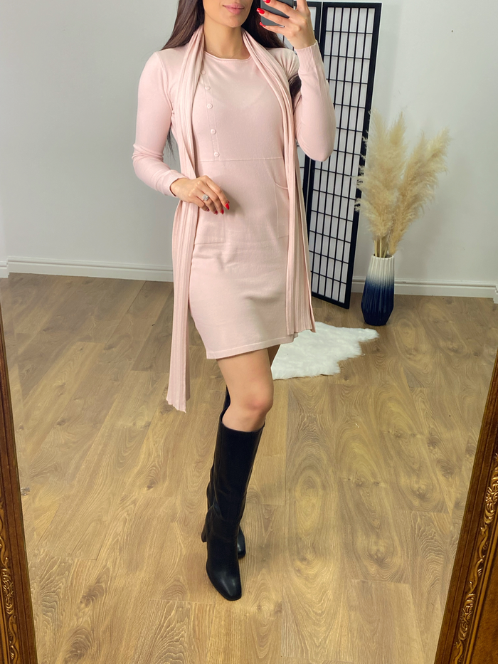 SAVINTARI Malden Button Jumper Dress with Ribbed Scarf Set