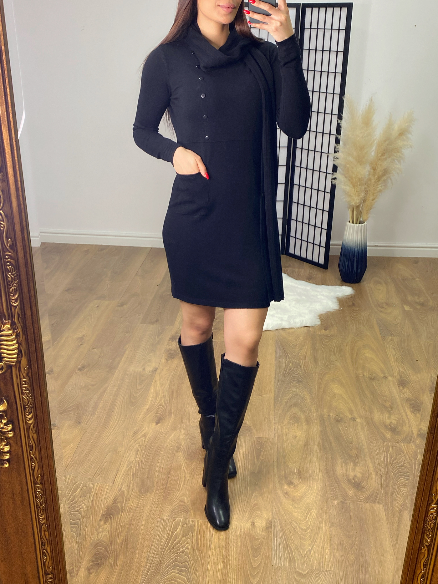 SAVINTARI Malden Button Jumper Dress with Ribbed Scarf Set