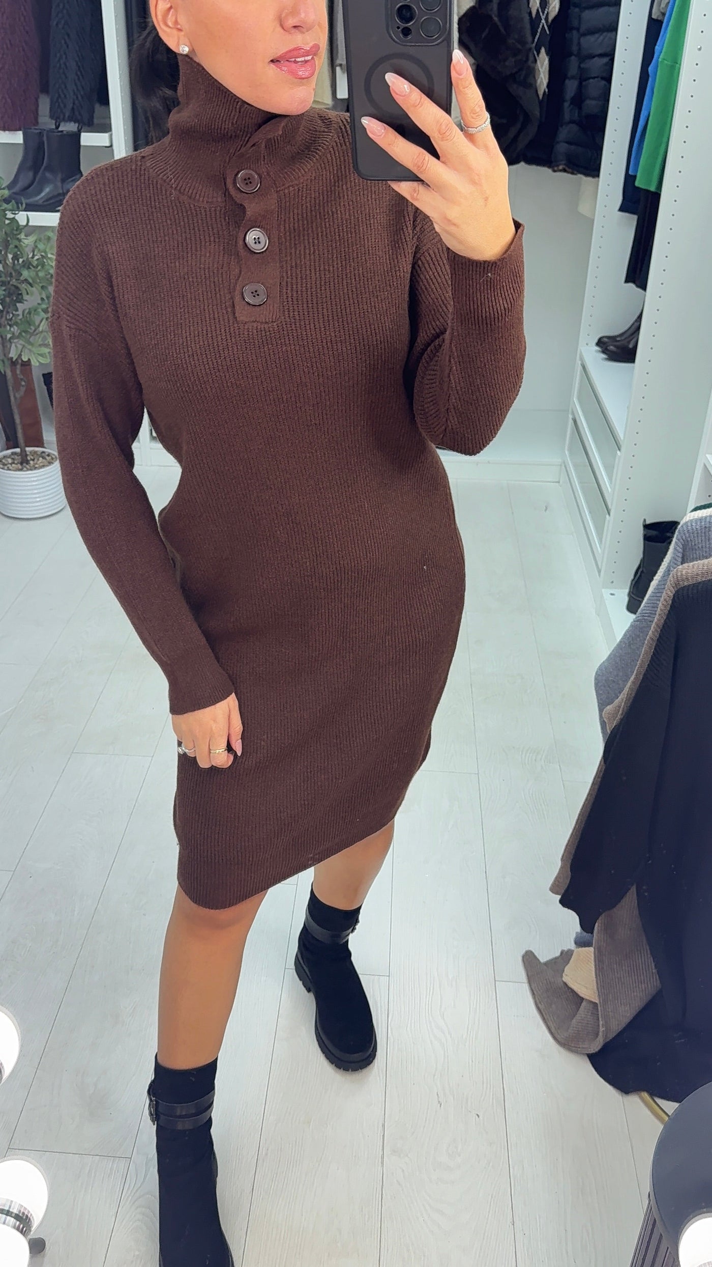 SAVINTARI Viola High Neck Button Detail Jumper Dress