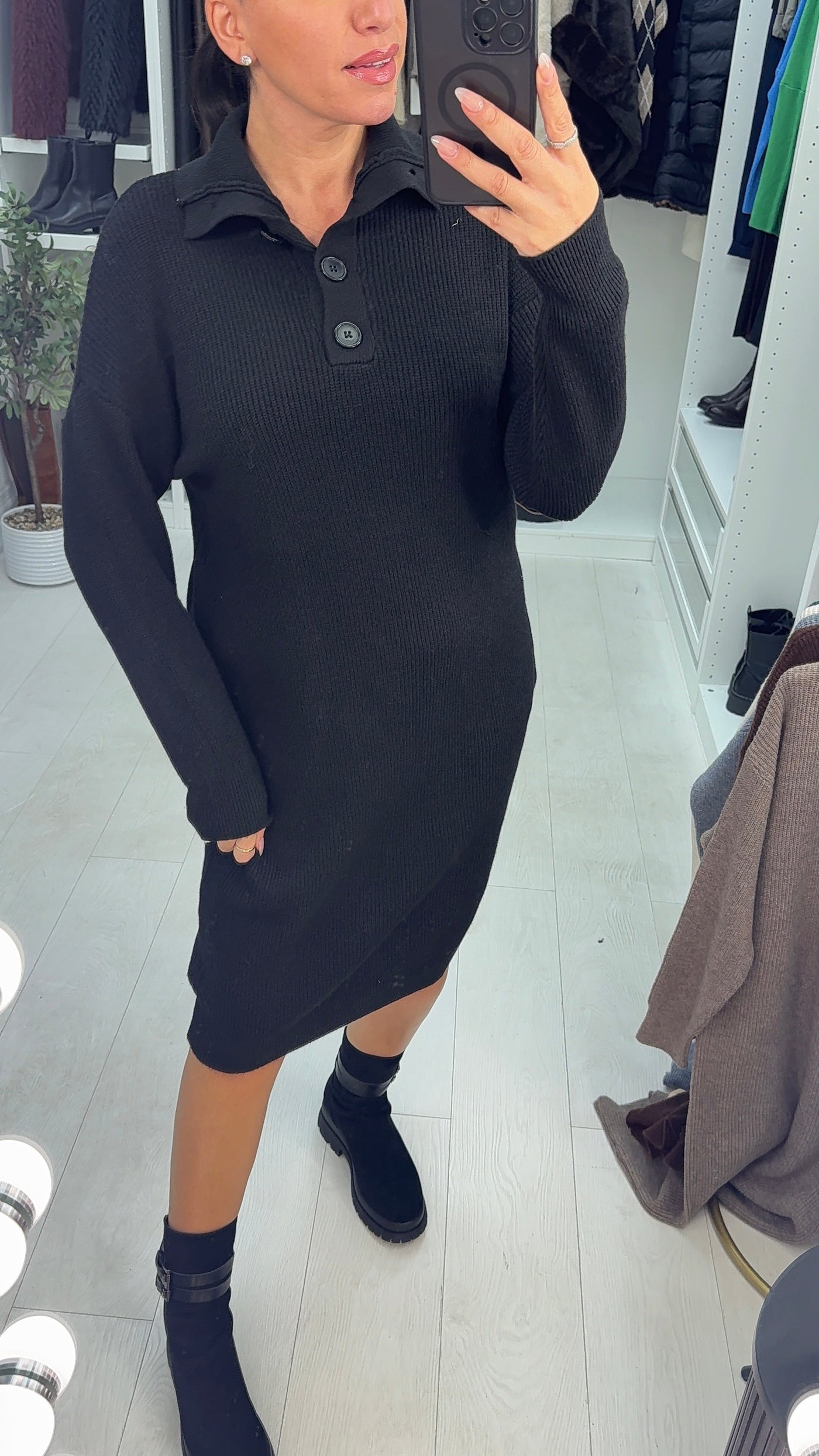 SAVINTARI Viola High Neck Button Detail Jumper Dress