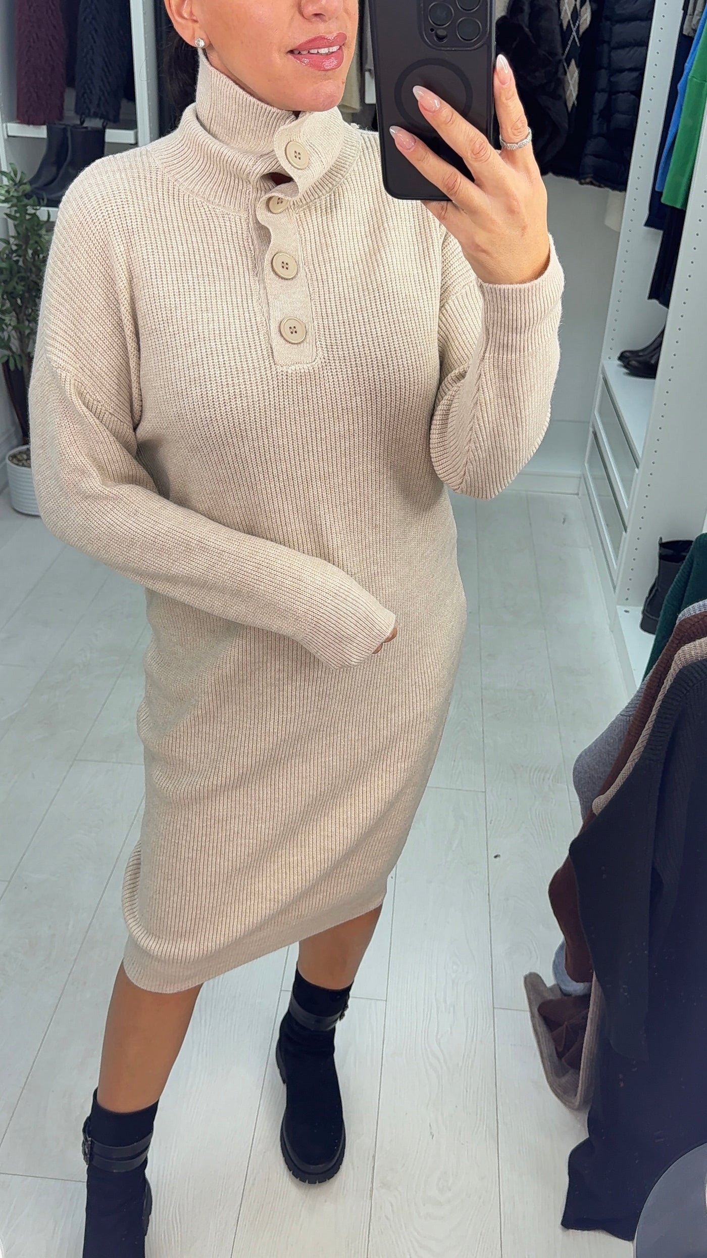 SAVINTARI Viola High Neck Button Detail Jumper Dress