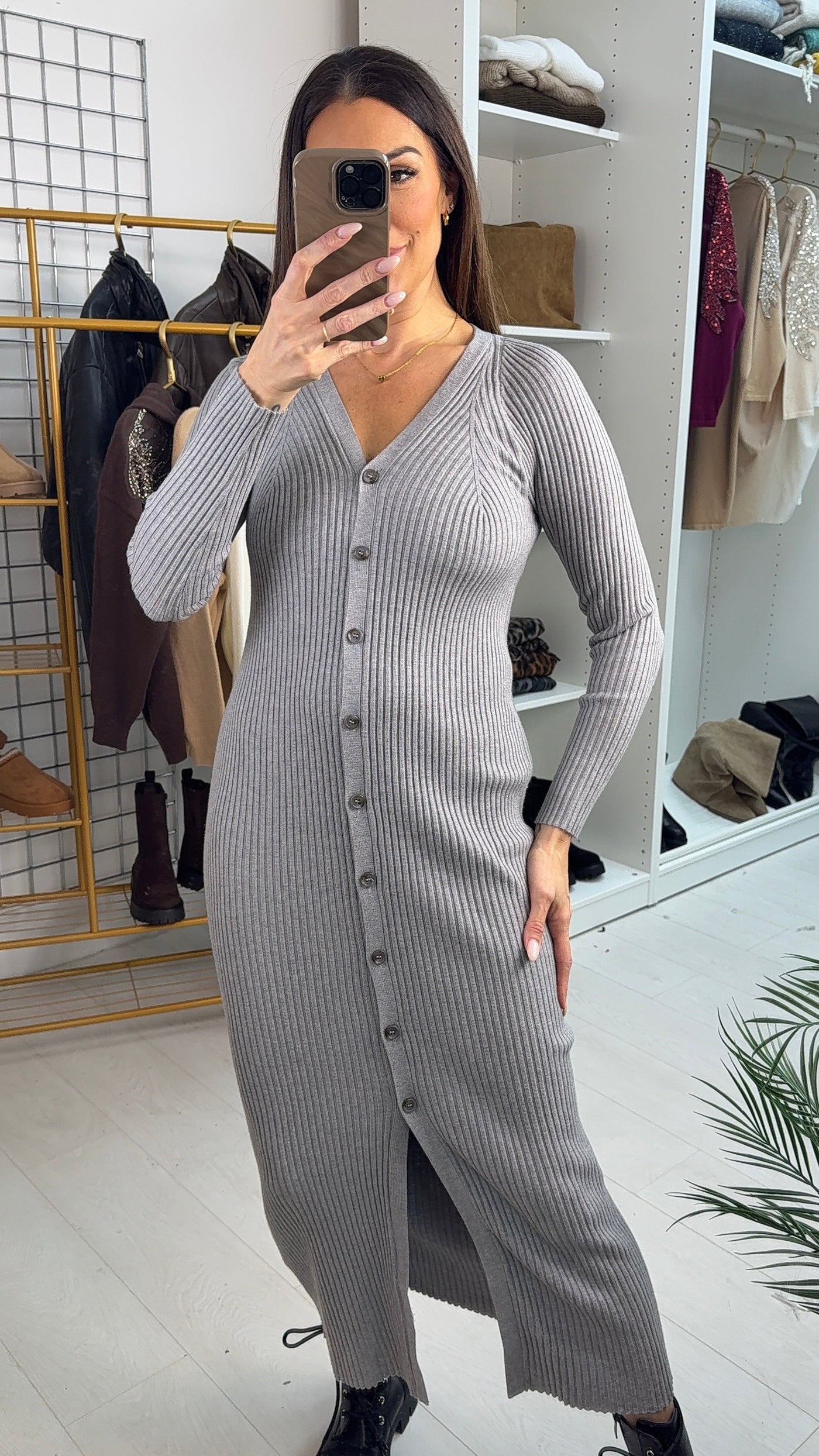 SAVINTARI Jolena Plain Ribbed Button Front Jumper Dress
