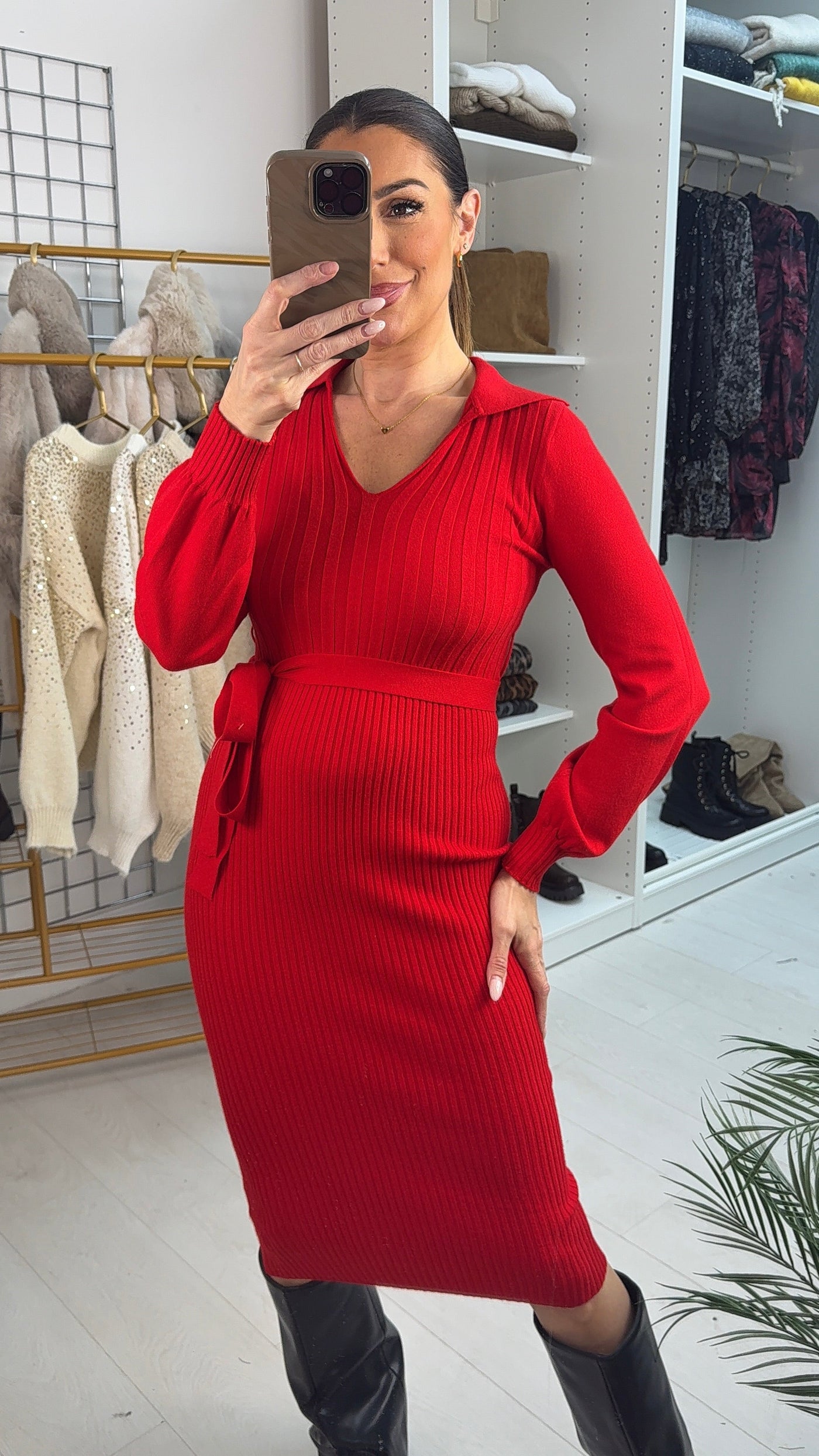 SAVINTARI Cathie Plain Ribbed Belted Maxi Jumper Dress