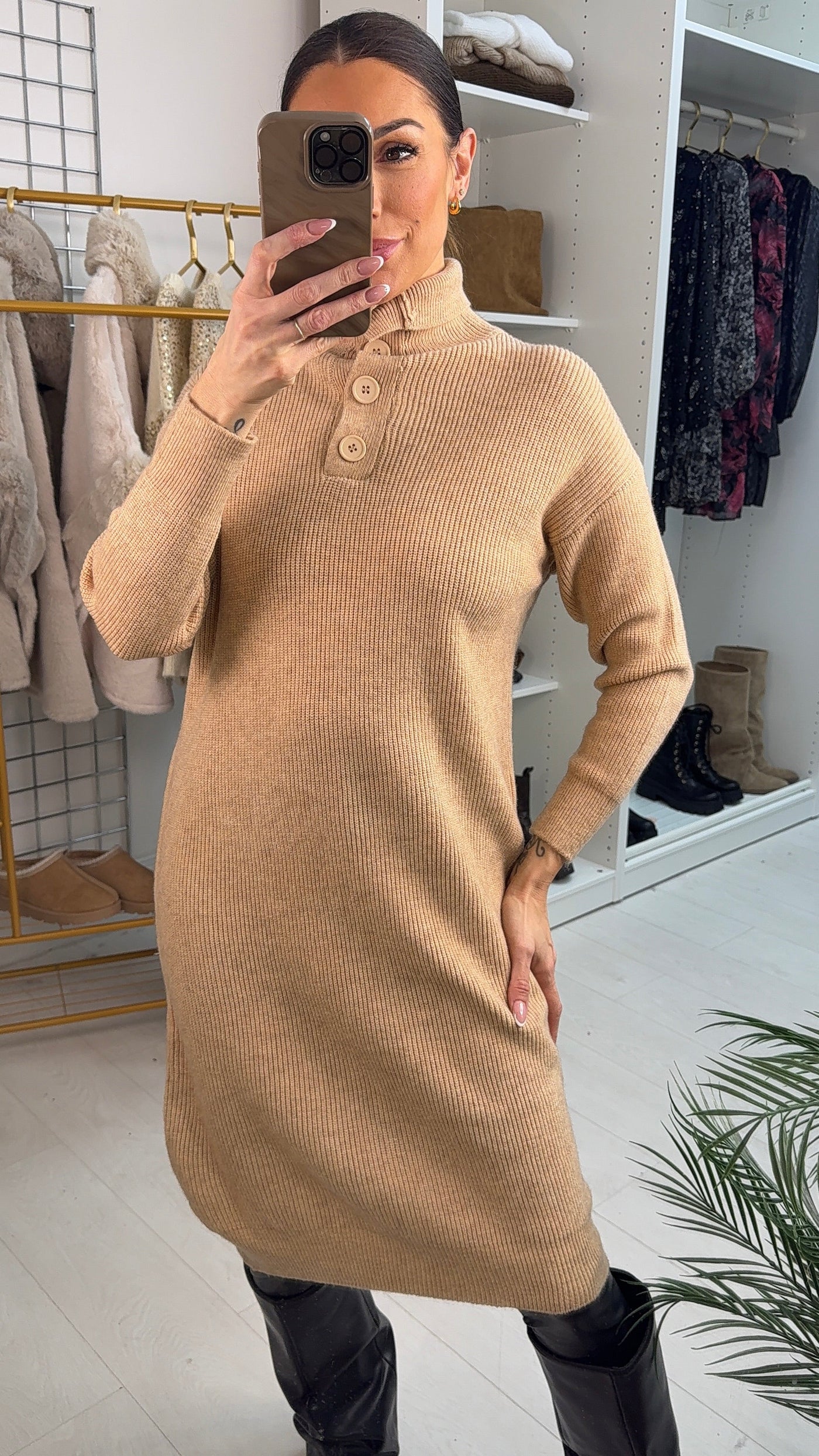 SAVINTARI Viola High Neck Button Detail Jumper Dress