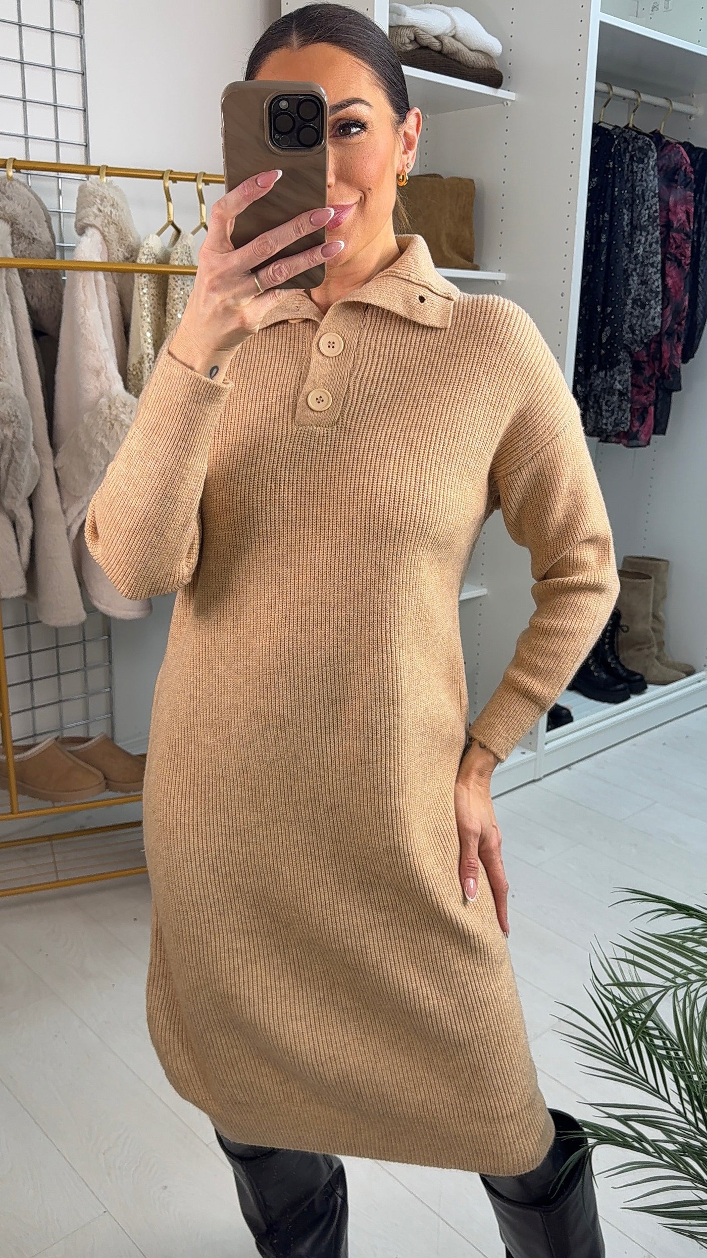 SAVINTARI Viola High Neck Button Detail Jumper Dress