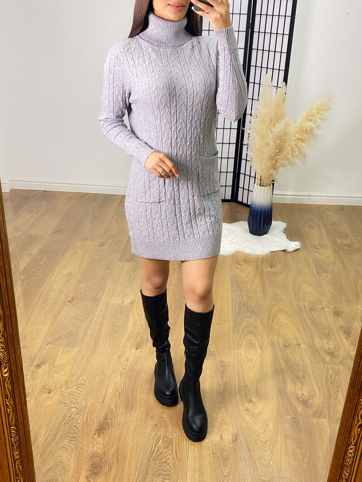 SAVINTARI Violetta Cable Knit Roll Neck Jumper Dress