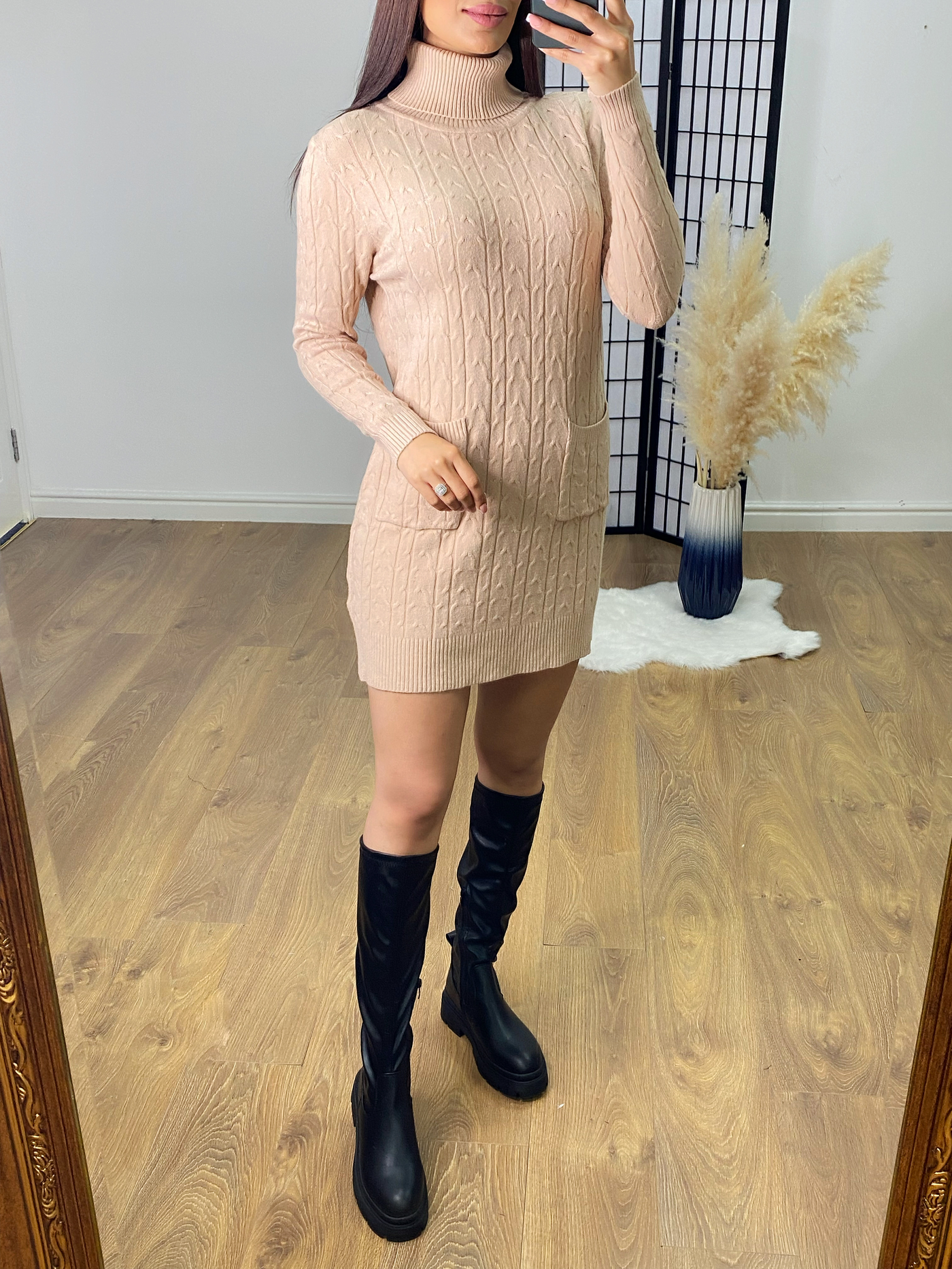 SAVINTARI Violetta Cable Knit Roll Neck Jumper Dress