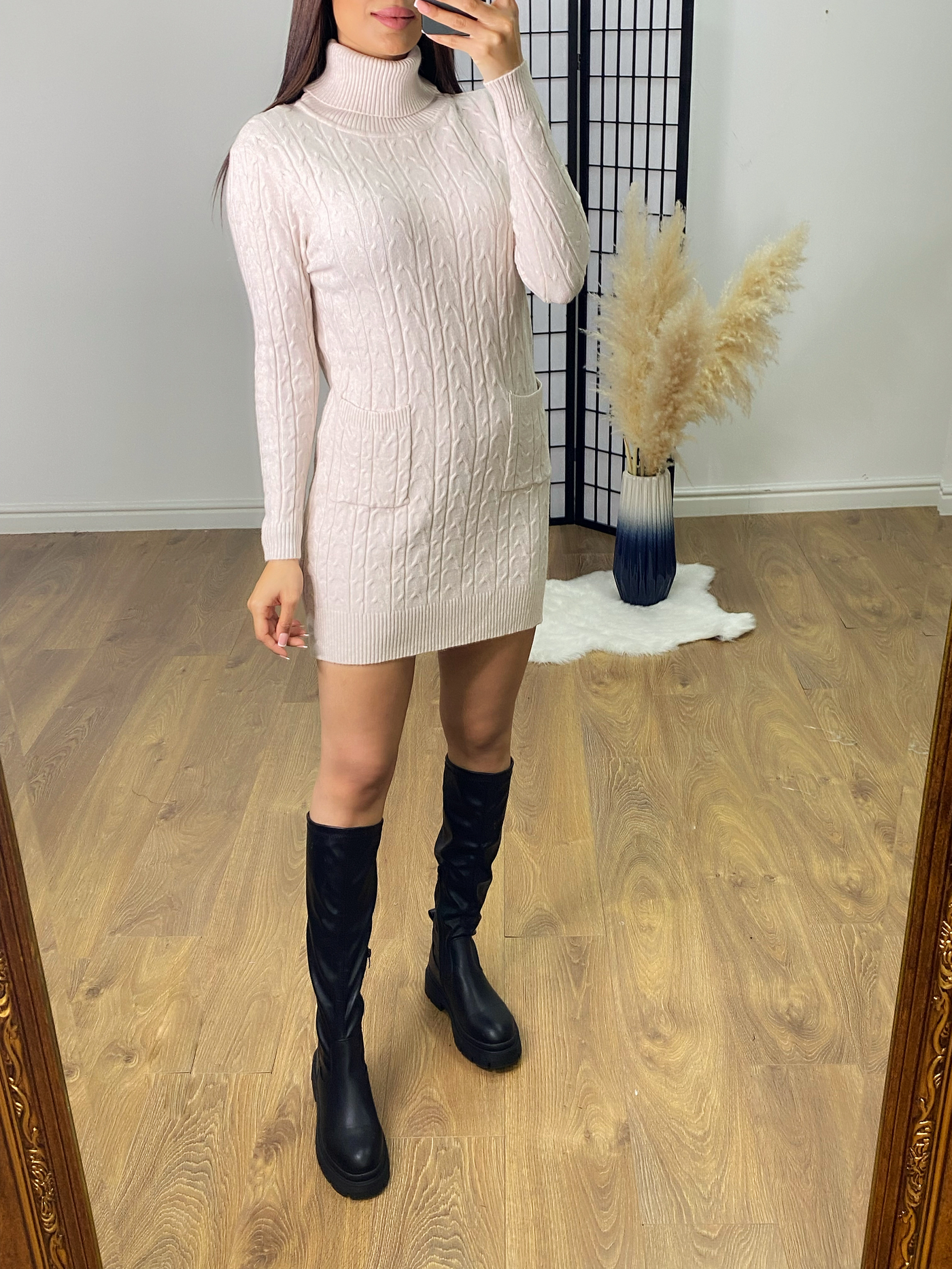 SAVINTARI Violetta Cable Knit Roll Neck Jumper Dress