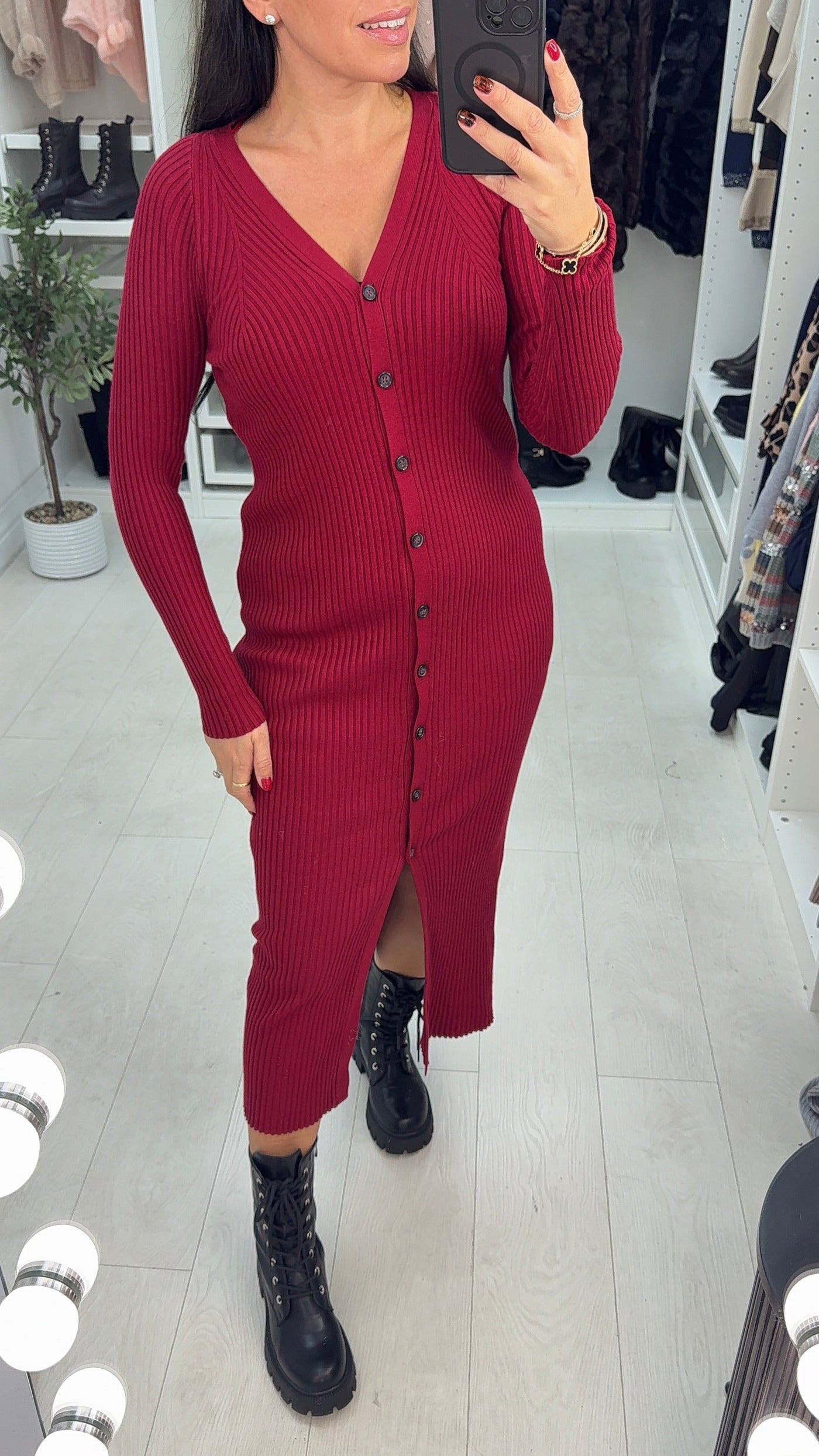 SAVINTARI Jolena Plain Ribbed Button Front Jumper Dress