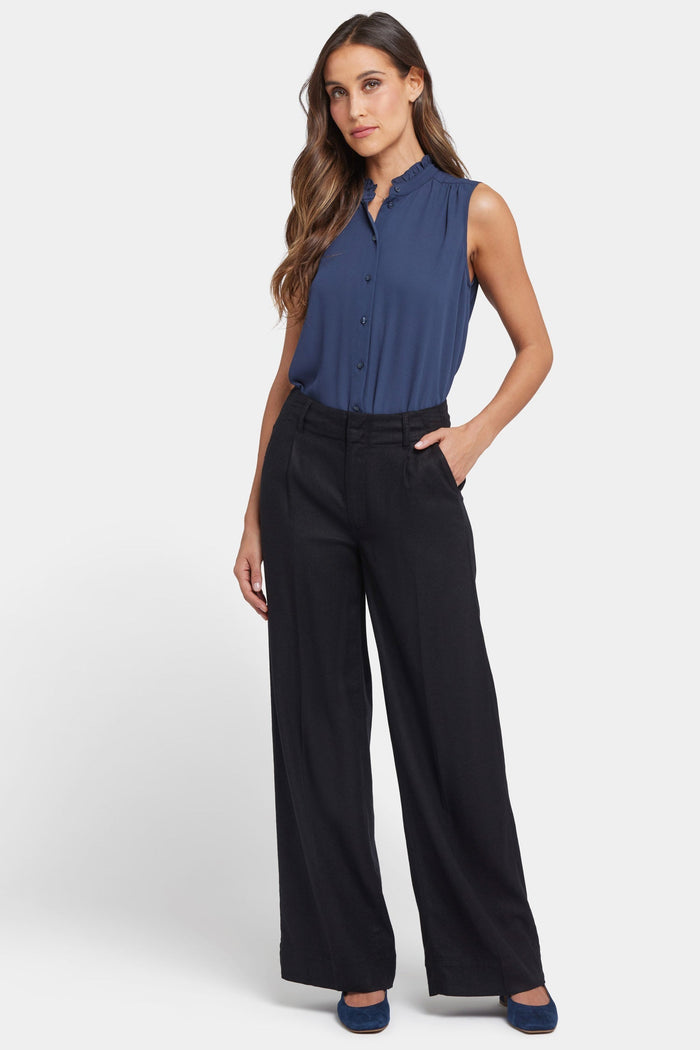 Women's Wide Leg Linen Trousers - Black | Linen Summer-Autumn Pants | SAVINTARI