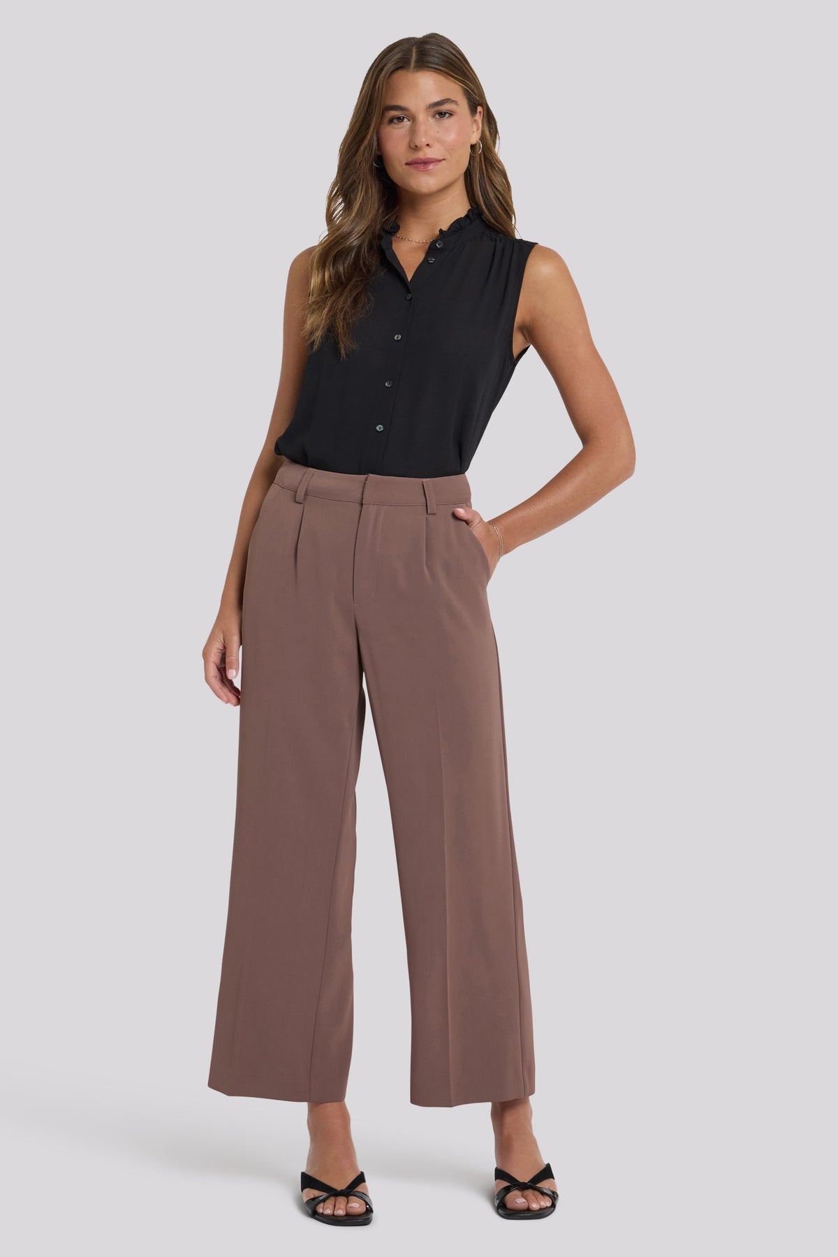 Wide Leg Ankle Trouser Pants - Deep Taupe - wide leg trousers