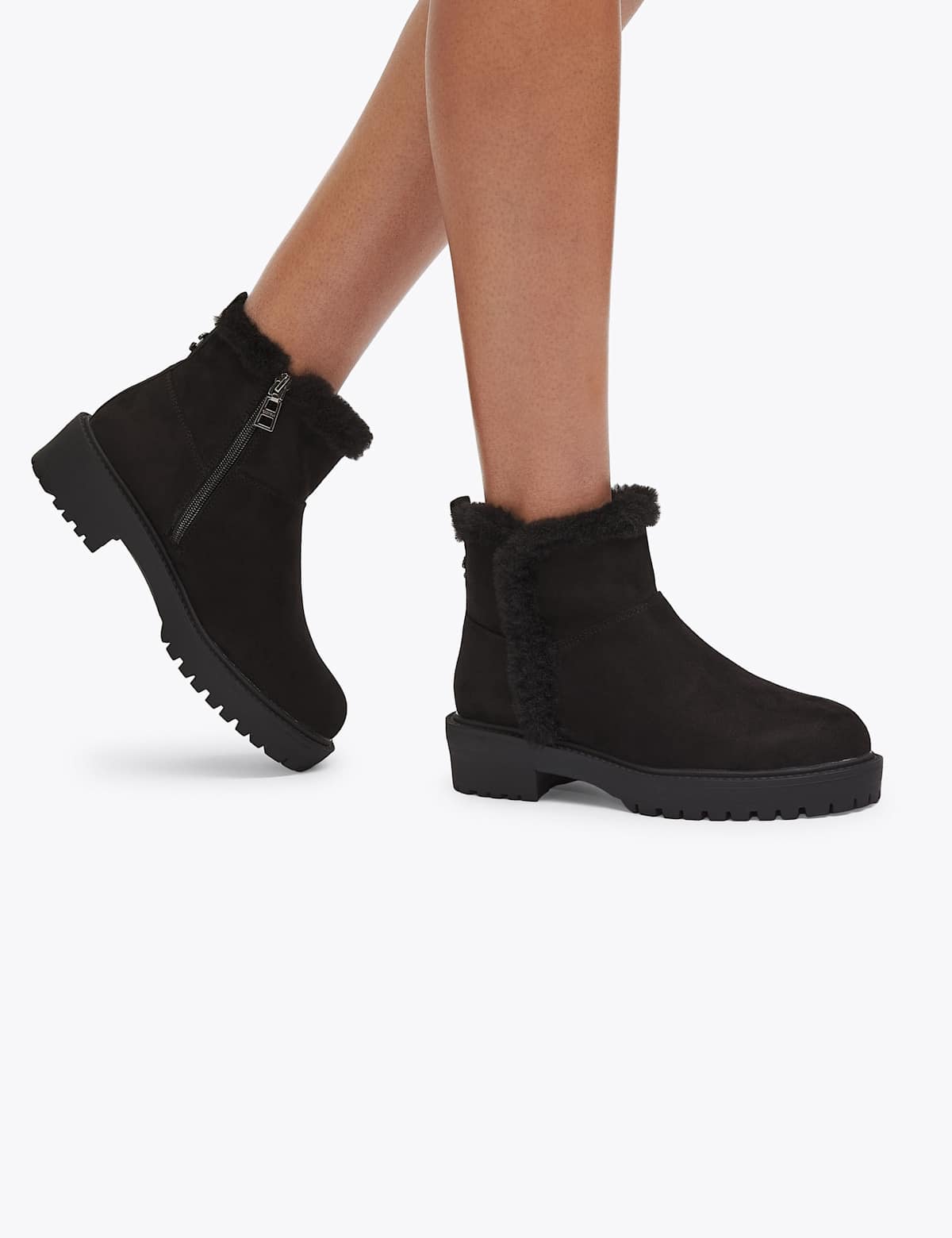 Women's Faux Fur Lining Flat Ankle Boots - Black | sheepskin boots | SAVINTARI