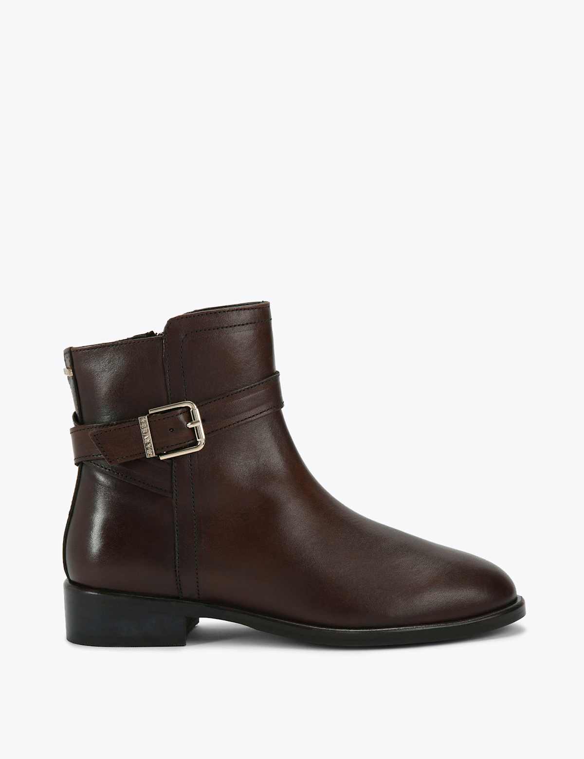 Women's Leather Buckle Flat Ankle Boots - Black | SAVINTARI