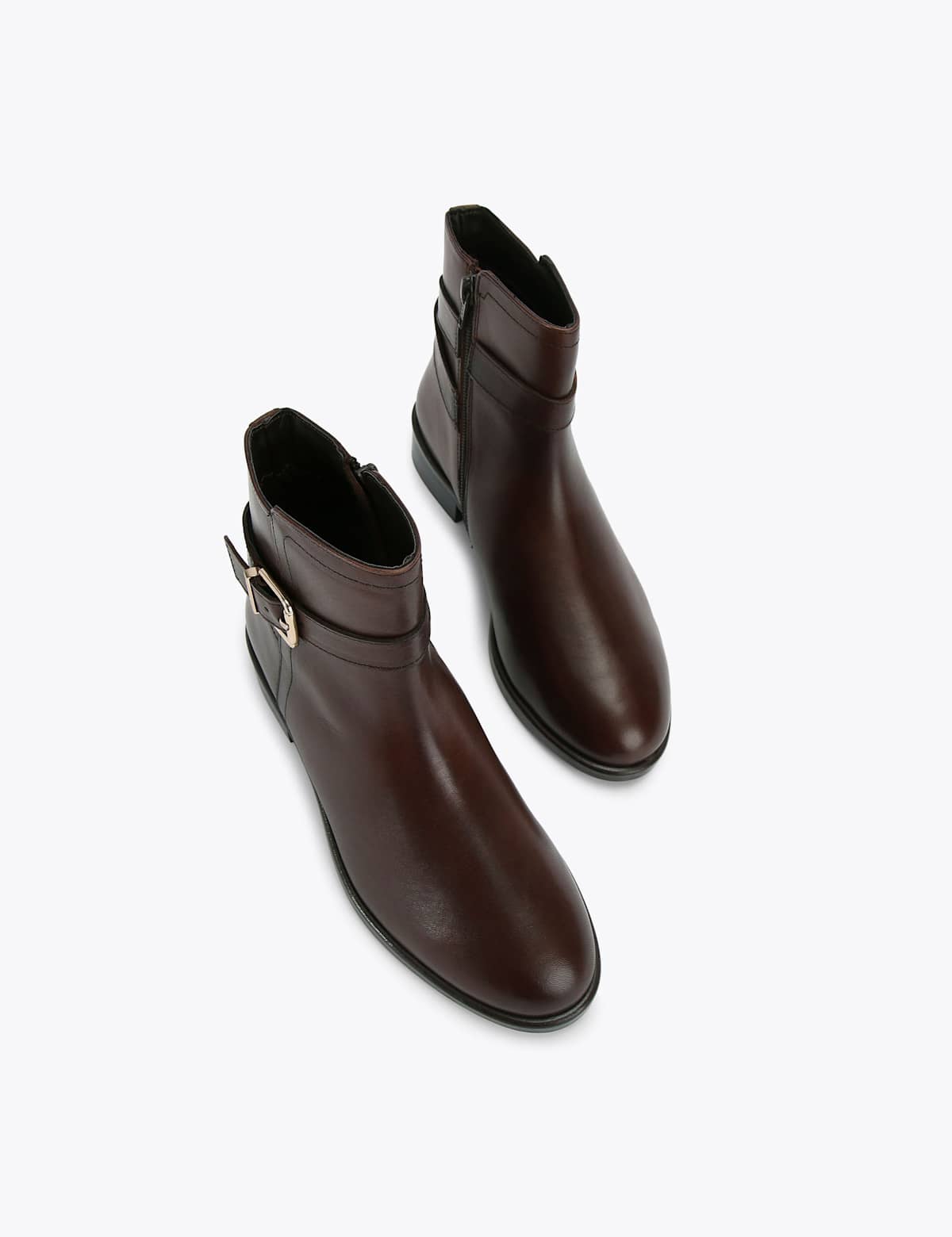 Women's Leather Buckle Flat Ankle Boots - Black | SAVINTARI
