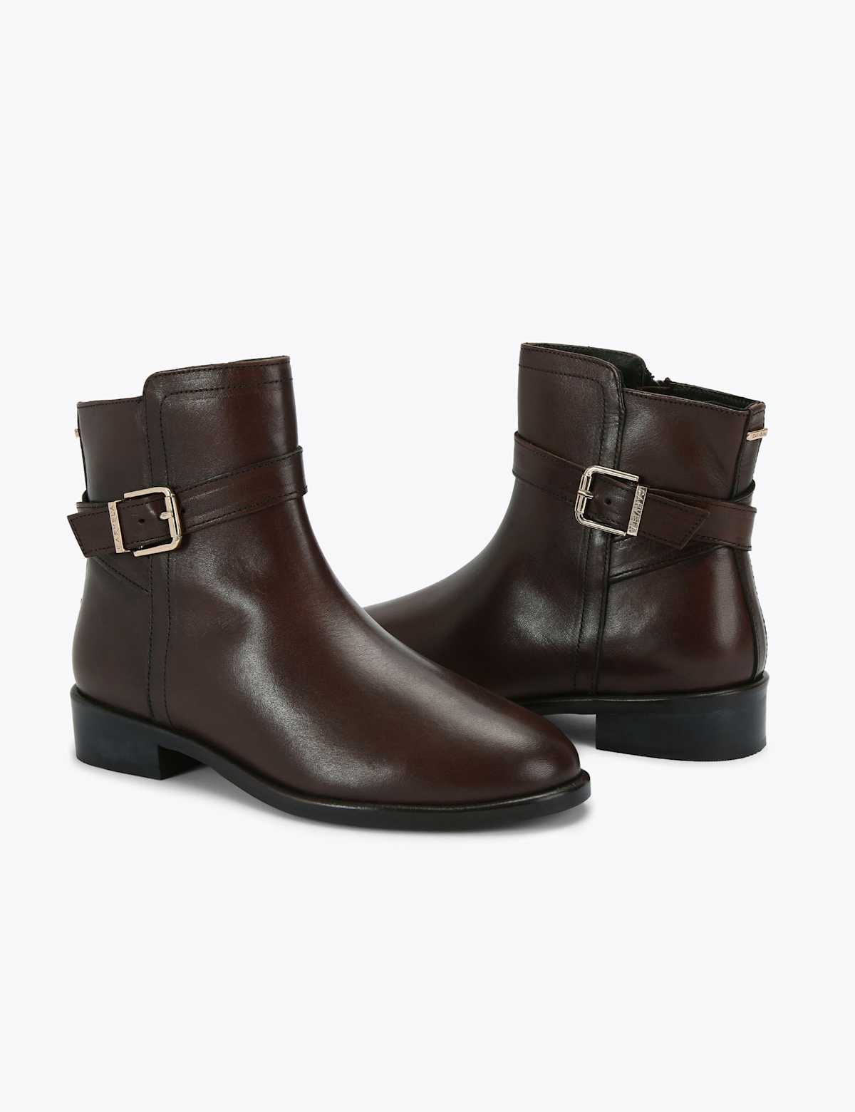 Women's Leather Buckle Flat Ankle Boots - Black | SAVINTARI