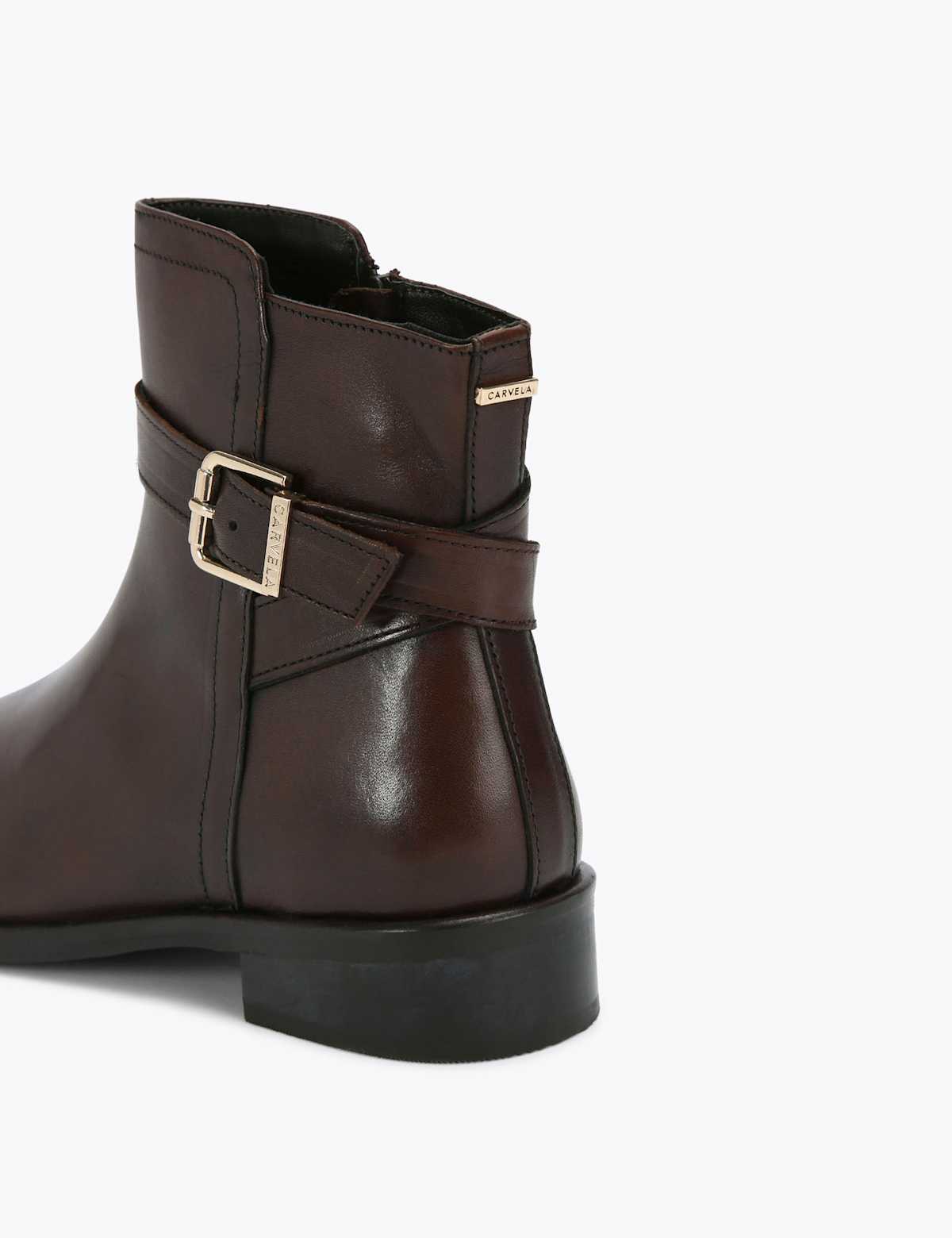 Women's Leather Buckle Flat Ankle Boots - Black | SAVINTARI