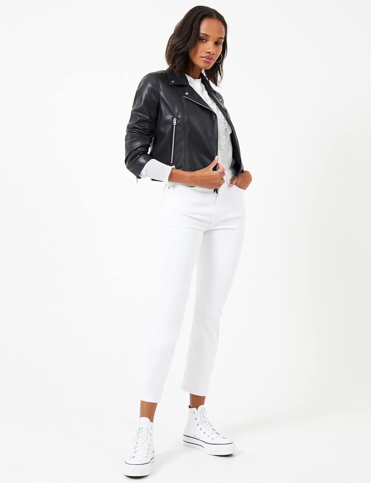 Women's Faux Leather Cropped Biker Jacket - Black | leather jacket | SAVINTARI