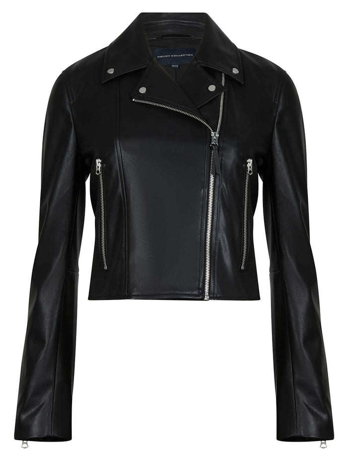 Faux Leather Cropped Biker Jacket · Black
