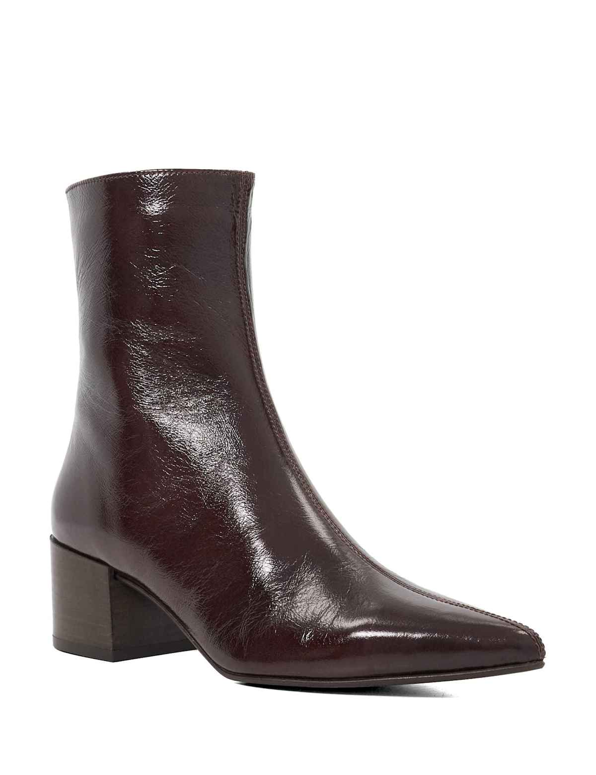 Women's Leather Block Heel Pointed Ankle Boots - Brown | SAVINTARI