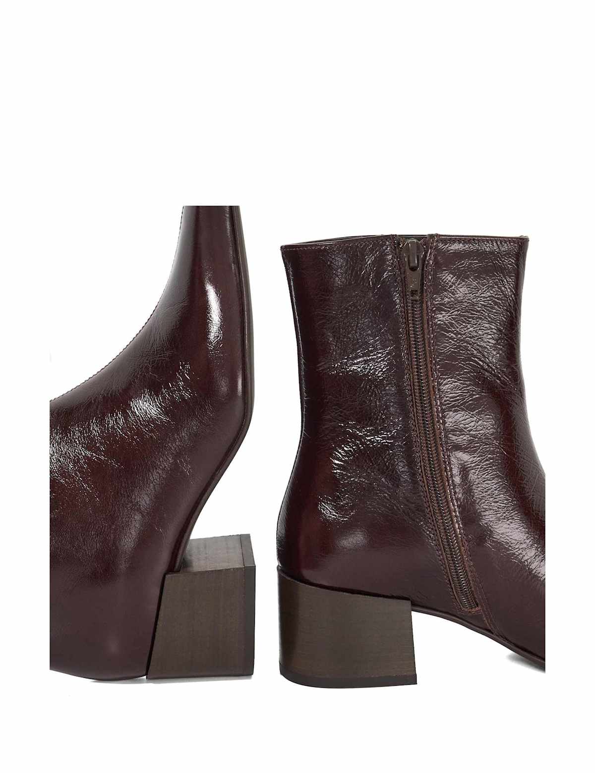Women's Leather Block Heel Pointed Ankle Boots - Brown | SAVINTARI